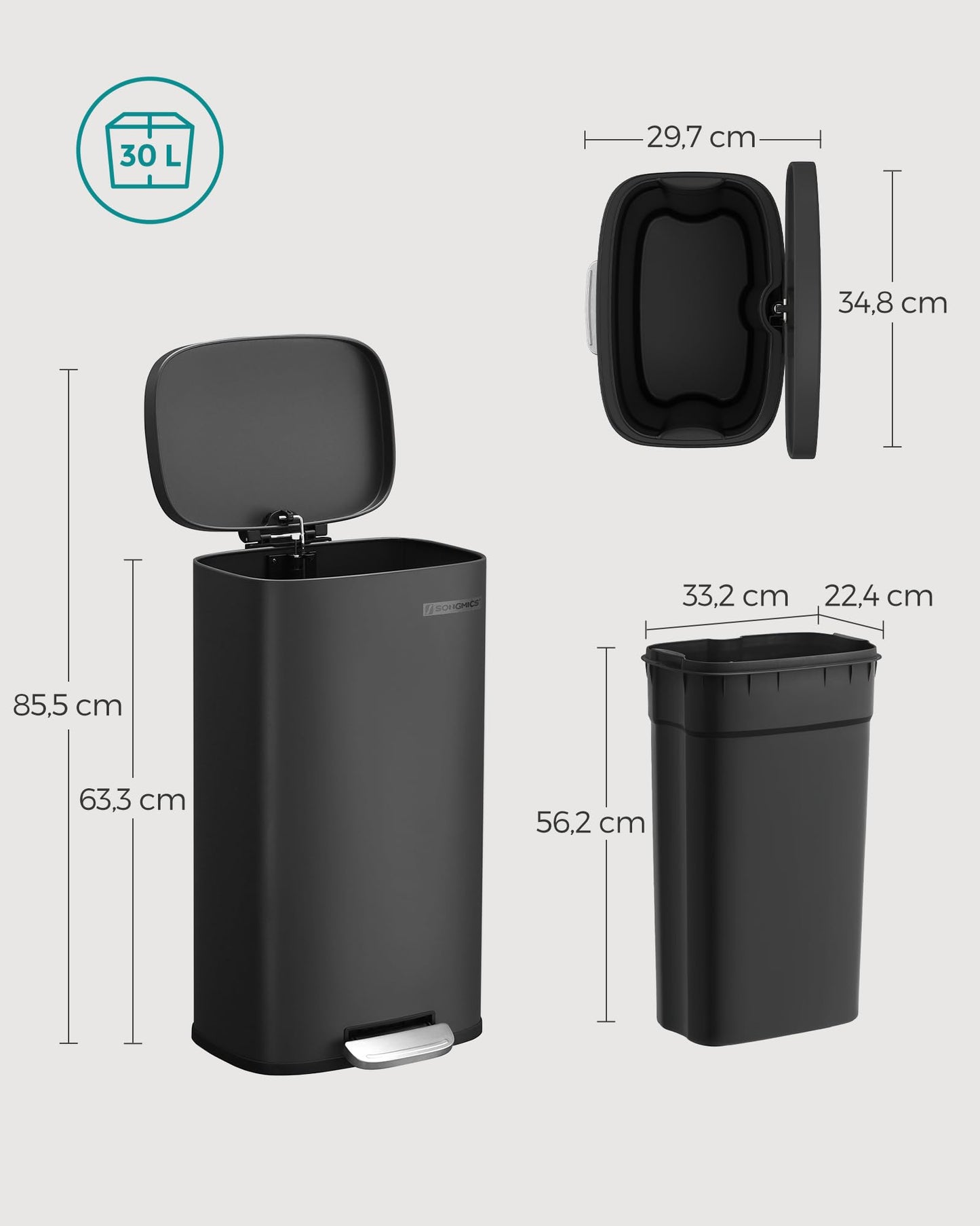 SONGMICS kitchen rubbish bin, 30 liters, waste bin, pedal bin, with lid, soft close, foot pedal, steel, inner bin, black LTB03BK