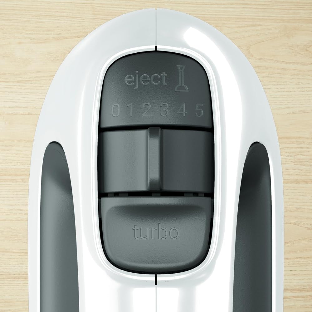 Tefal Prep'Mix+ Mixer de mână cu blender, 500 Watt, buton glisant cu 5 viteze + Turbo, inclusiv accesorii: 2 teluri/2 cârlige pentru frământat/blender/recipient de măsurare, alb/negru, HT4611