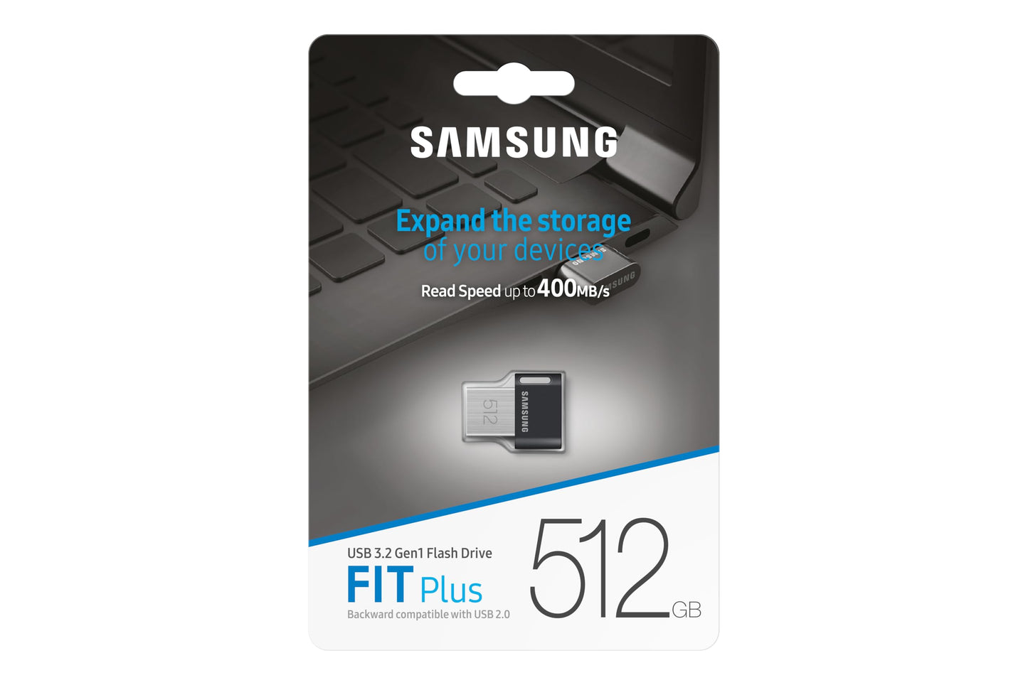 Samsung FIT Plus USB Stick Type-A, 512 GB, 400 MB/s Read, 110 MB/s Write, Compact USB 3.2 Memory Stick with Key Ring, Gray, MUF-512AB/APC