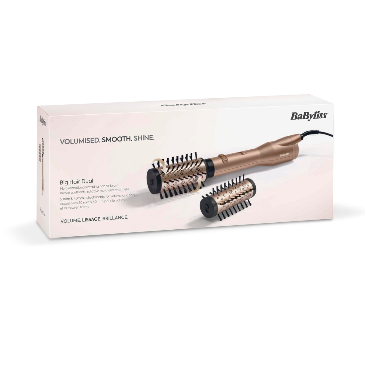 BaByliss Big Hair Dual Perie rotativă cu aer cald – Tehnologie cu ioni pentru anti-frizz, accesorii de 50mm și 40mm, 2 direcții de rotație, 2 setări de temperatură + buton de aer rece, champagne, AS952E
