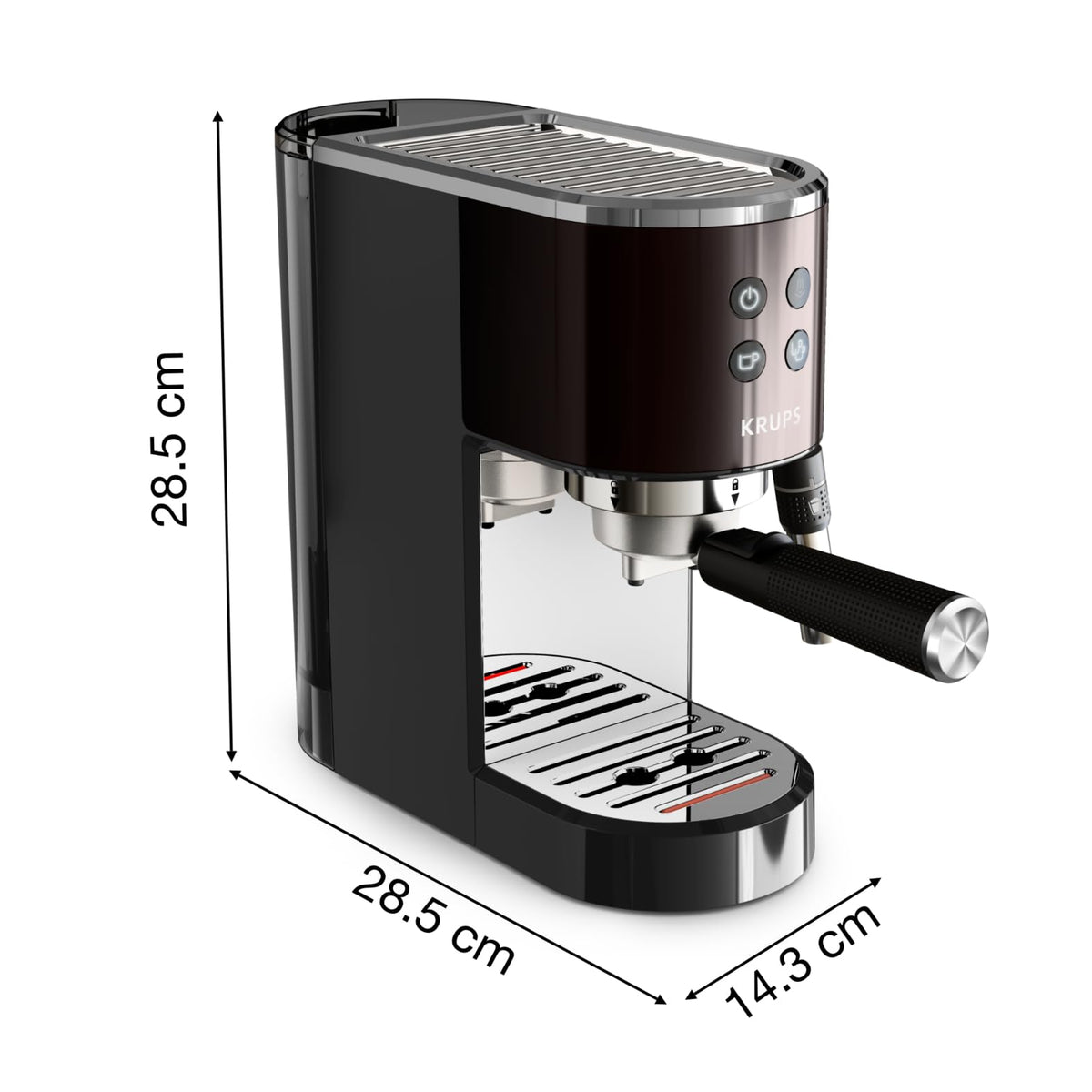 Krups Virtuoso+ Espresso Machine, 15 bar pump pressure, 3 crema filters, stainless steel steam nozzle, intuitive control panel, rotary knob, including dosing spoon and tamper, Black/Stainless Steel, XP444G