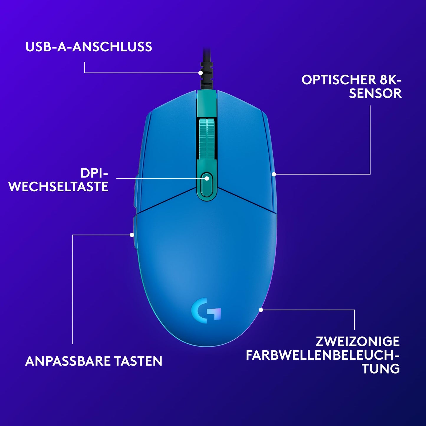 Logitech G203 gaming mouse with customizable LIGHTSYNC RGB lighting, 6 programmable buttons, gaming-ready sensor, 8,000 DPI tracking, light weight - blue - 910-005798
