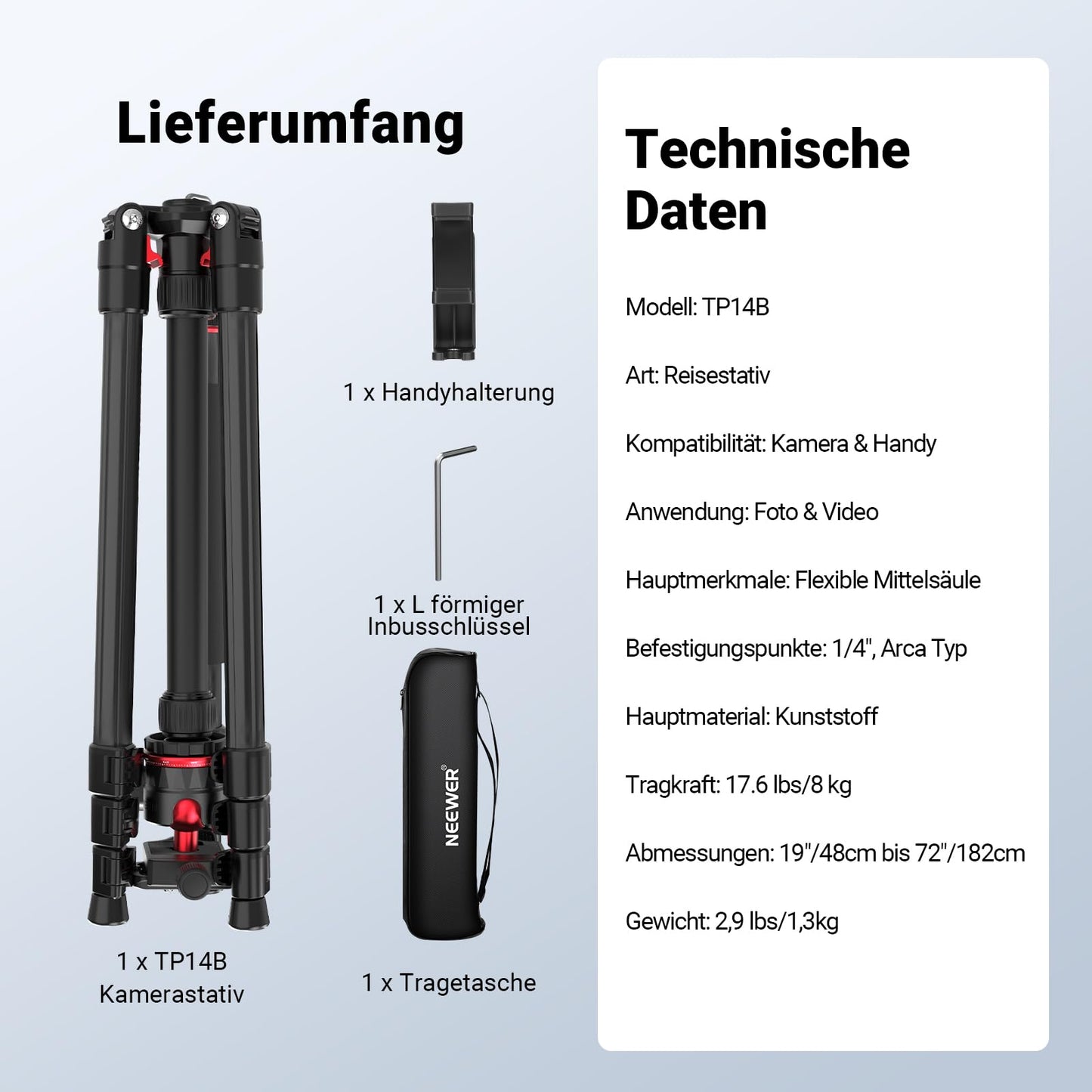 NEEWER Basics 72" / 182cm Travel Tripod Monopod Compact Lightweight Portable Camera Tripod Stand for Shooting, Arca Type Ball Head, Mobile Phone Holder Compatible with iPhone, Max. Load 8kg, TP14B
