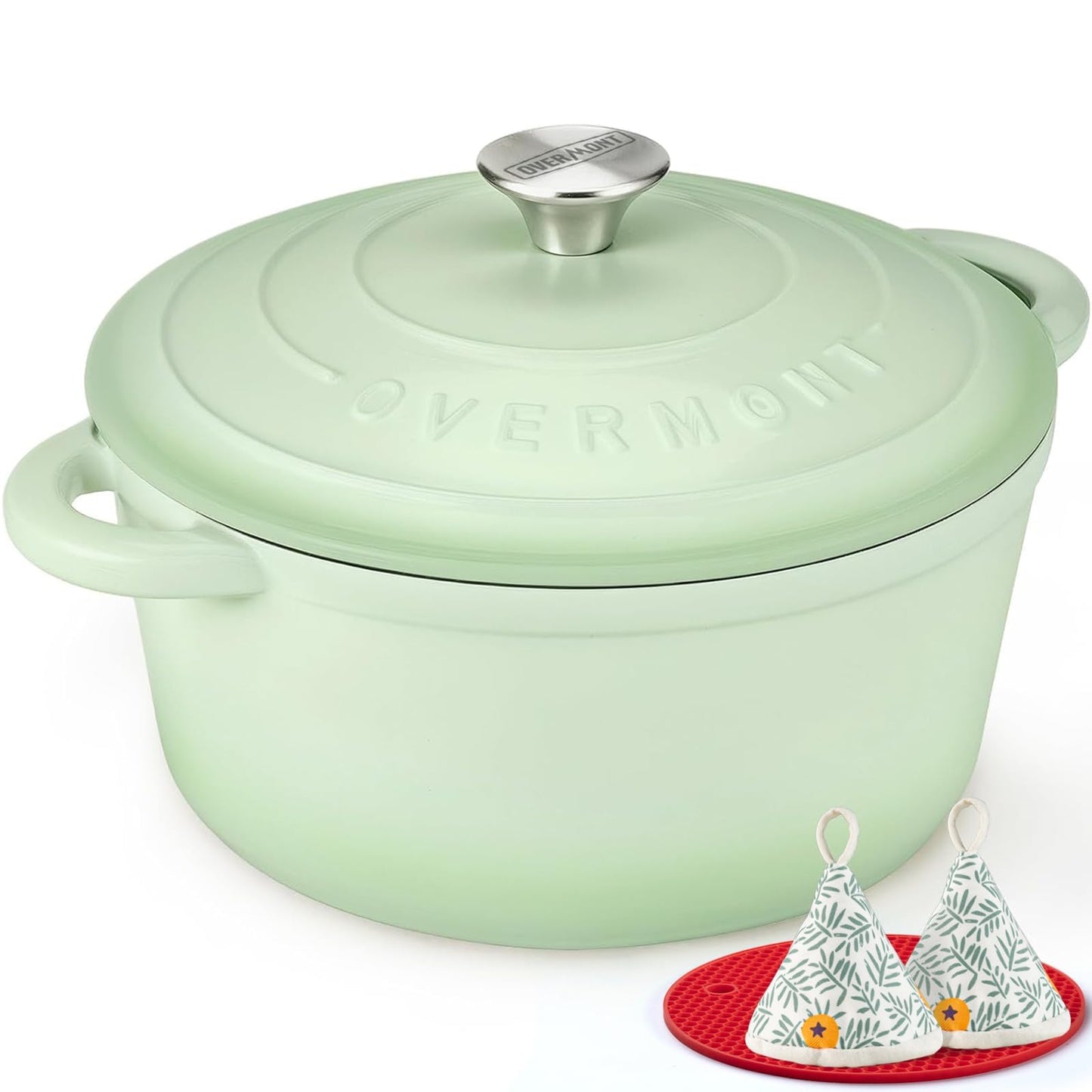 Overmont roasting pan enamel cast iron pot - casserole dish 28cm oven-safe - with lid and cookbook - for kitchen baking stewing roasting pastel green - 28CM-Enamel-Bean