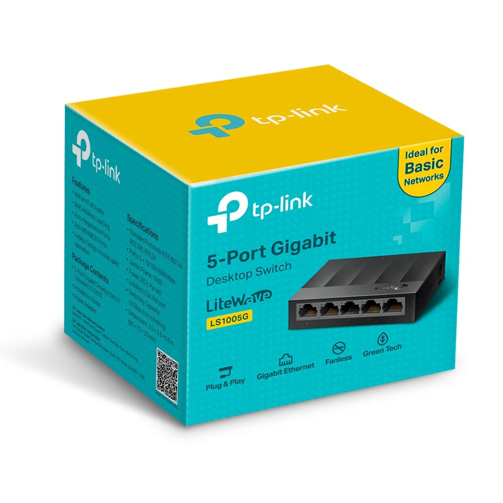 TP-Link LS1005G 5-Port Desktop Switch (5 x Gigabit Auto-Negotiation RJ45 Ports, IEEE 802.3X, Plug and Play, energy saving, plastic housing for easy table or wall mounting) black