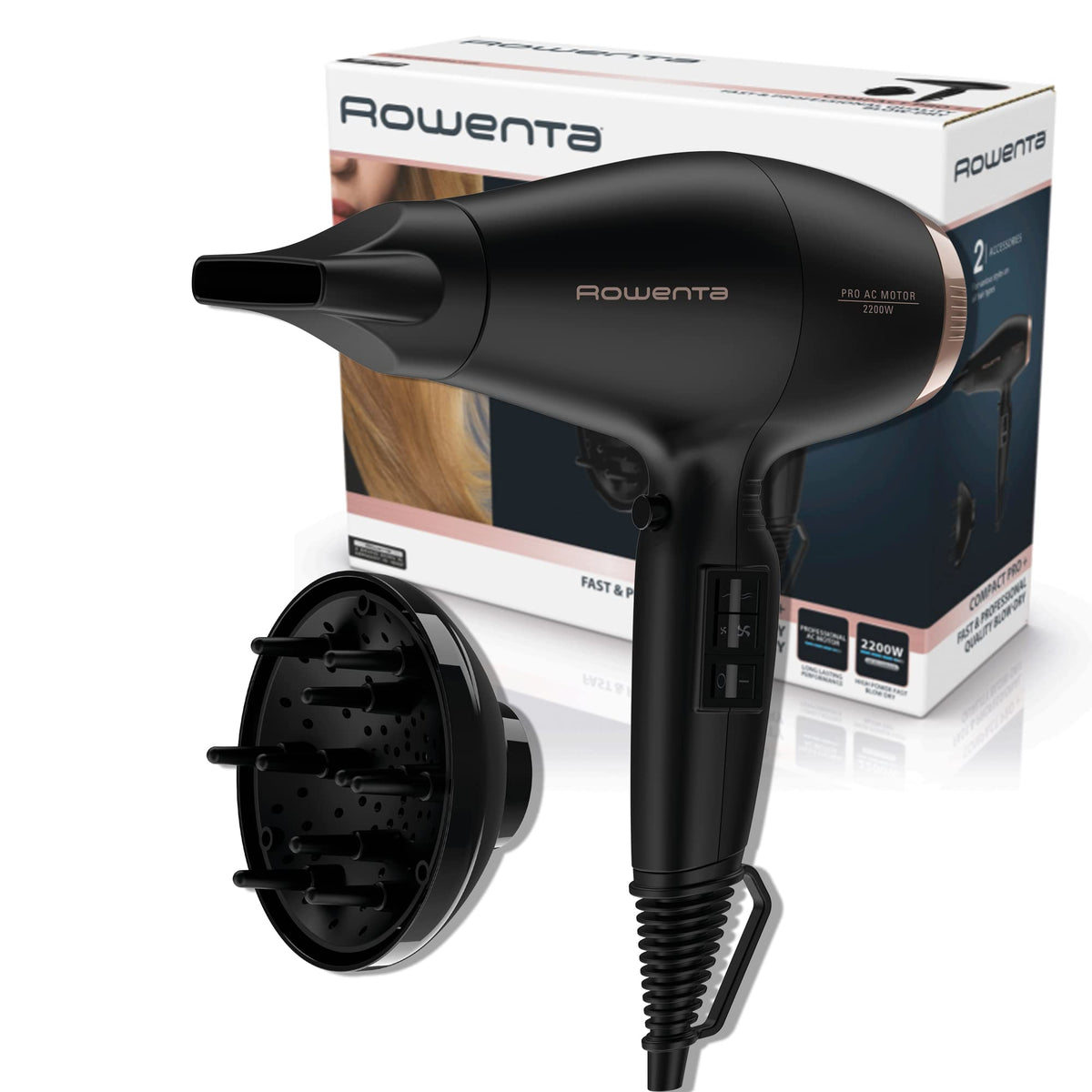 Rowenta Compact Pro Uscător de păr, putere mare, 220 W, motor AC profesional, putere mare, 4 setări/temperaturi, aer rece, duză de concentrare de 9 mm, distribuitor de bucle, CV6930 - CV6930F0