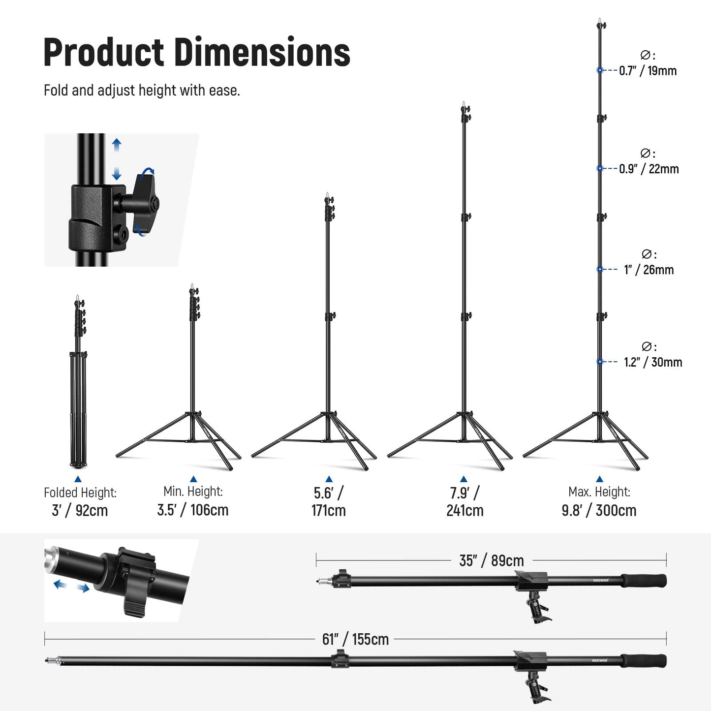 NEEWER Air-cushioned aluminum light stand, 3m adjustable photo tripod with boom arm, counterweight, sandbag, 1/4" screw for softbox, studio light, flash, umbrella, max. load 5kg - 90100462