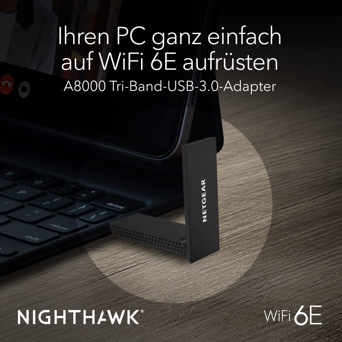 NETGEAR Nighthawk WiFi 6E USB 3.0-Adapter (A8000) – AXE3000 Tri-Band Viteză Wireless Gigabit (până la 3 Gbit/s) Funcționează cu orice router sau sistem Mesh WiFi 6 sau 6E – Pentru PC-uri cu Windows - A8000-100PES