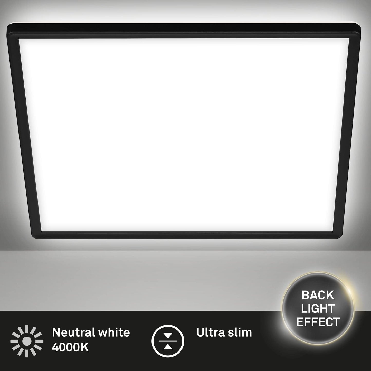 BRILONER - LED ceiling lamp with indirect light, flat, neutral white light color, lamp, ceiling light, living room lamp, LED panel, kitchen lamp, ceiling lighting, 42x42x2.9 cm, black - 7158-415