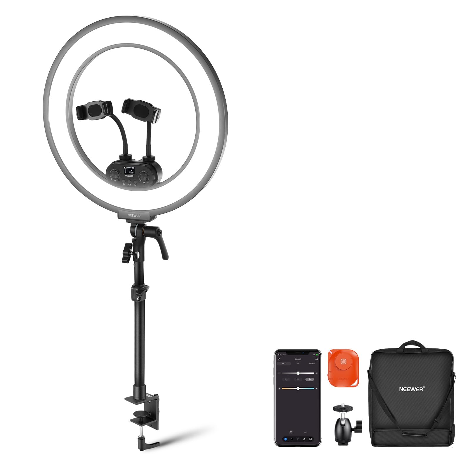 NEEWER RL45B 18" Ring Light Desk Edge Lit Ring Light for Cell Phone, Camera, Laptop, LED Lighting Set, Phone Holder, Table Stand, Ball Head Mount, Webcam, Zoom Call, Streaming, Selfie - B0DMNP38V6