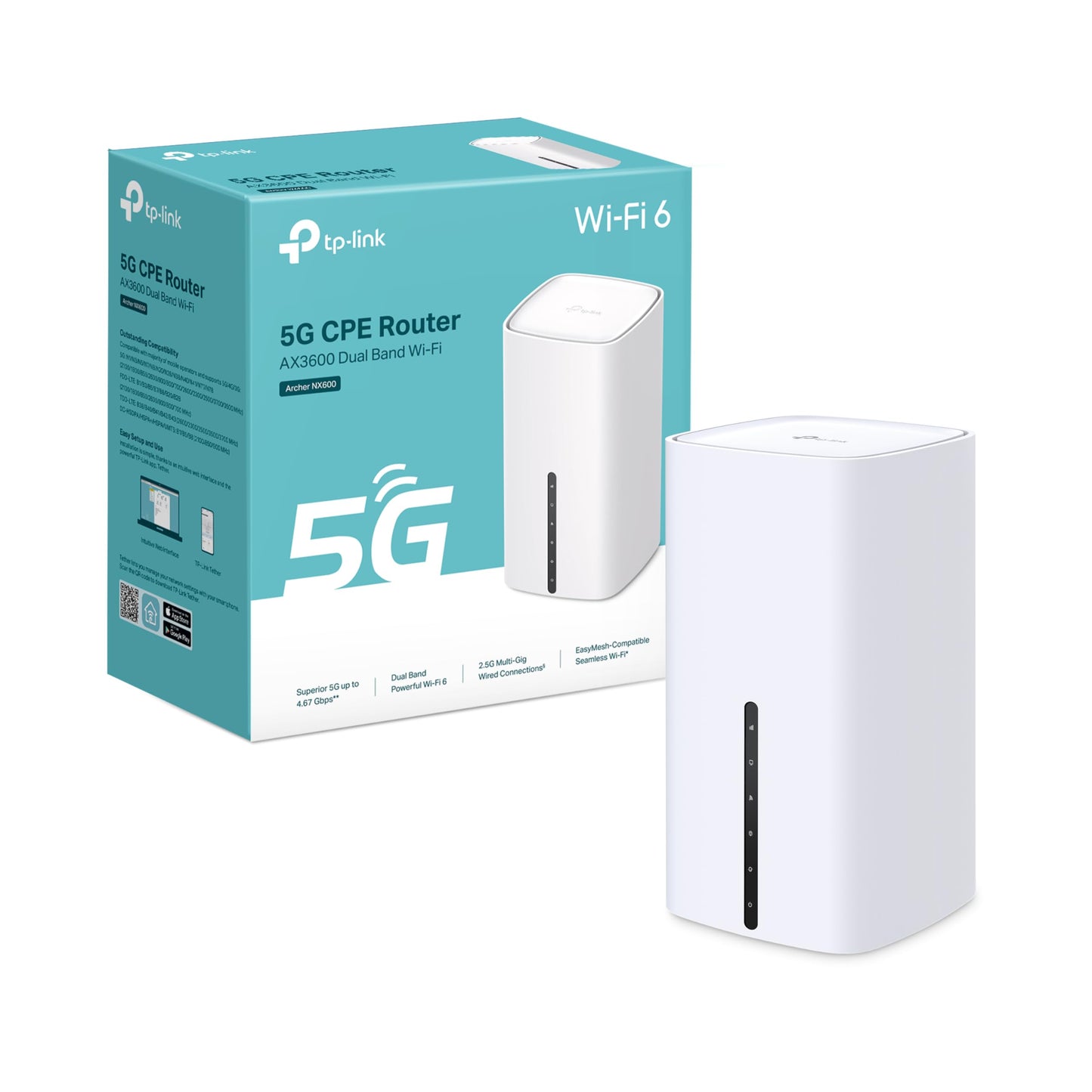 TP-Link Archer NX600 5G LTE WiFi Router, 5G Router SIM Card, AX3600 Dual Band Wi-Fi 6, 1×2.5G Port + 2×1G Ports, Web and APP Management, Plug and Play
