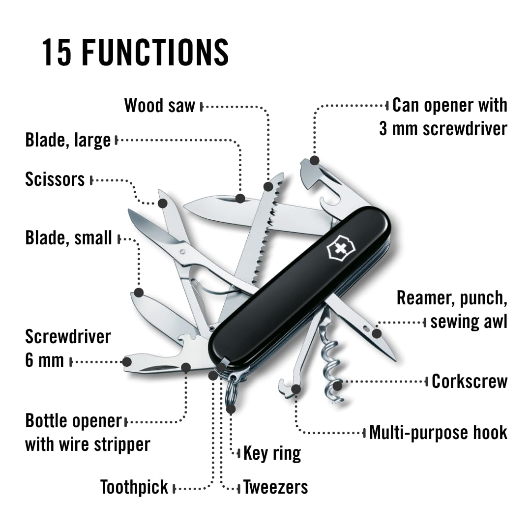 Victorinox Swiss Army Knife Huntsman, Multitool, Swiss Army Knife with 15 functions, blade, corkscrew, can opener, folding box, black - 1.3713.3