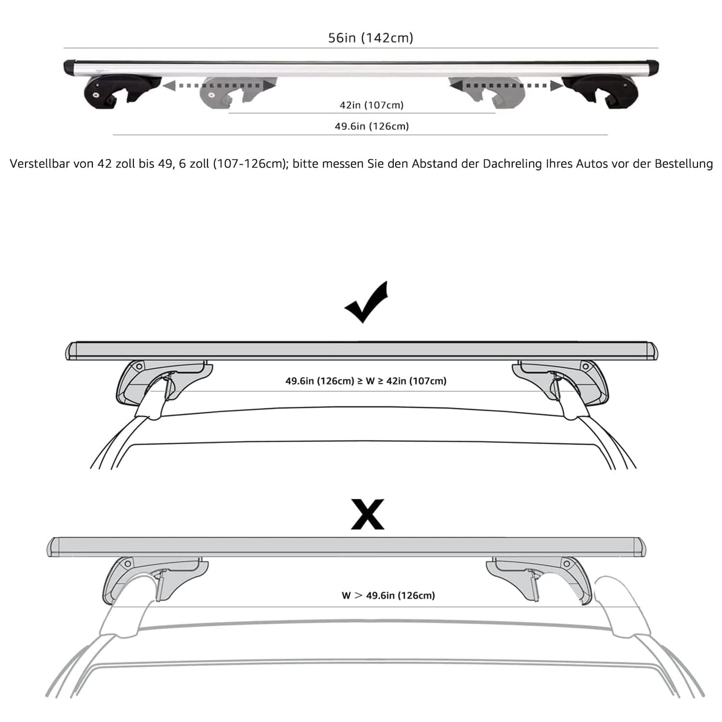 Amazon Basics 56" Roof Rack with Crossbar for Spans up to 50" Between Raised Side Rails with Gap, Pack of 2, Black/Silver - DS-RB-007
