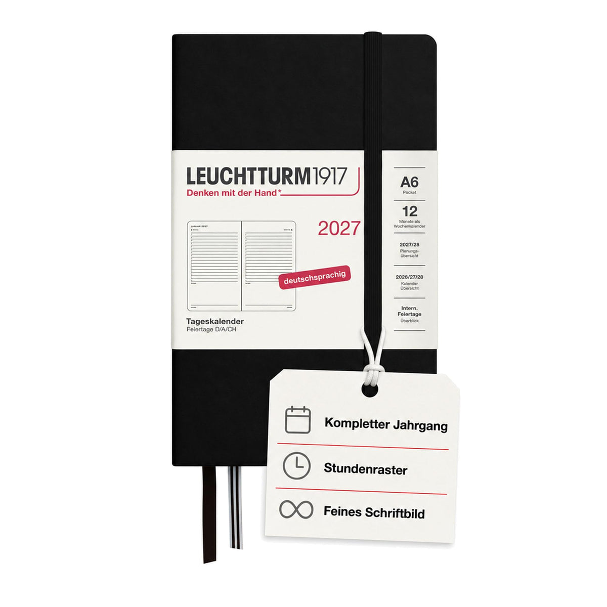 LEUCHTTURM1917 Daily Calendar 2027 Pocket (A6) - German, black, 90 x 150 mm, January-December (12 months), 1 page per day, hourly grid 7:00-22:00, hardcover, 80 g/m² paper - 400164