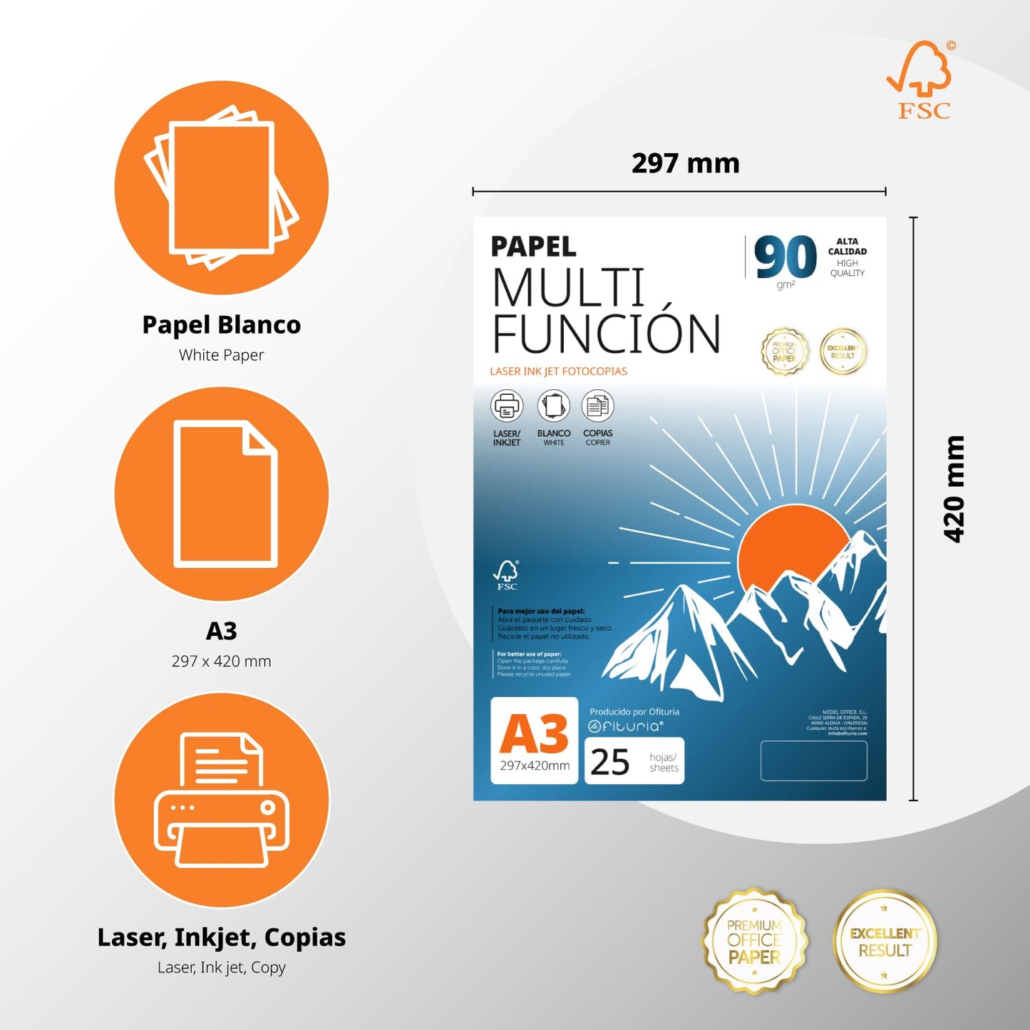 A3 Paper 90g 400 Sheets, Multifunctional Paper for Printers, Paper for Projects, Illustration, Lettering, Professional Creative Projects, A3 Office Paper, School Supplies - Ofituria (90g, 400 Sheets) - COM0574