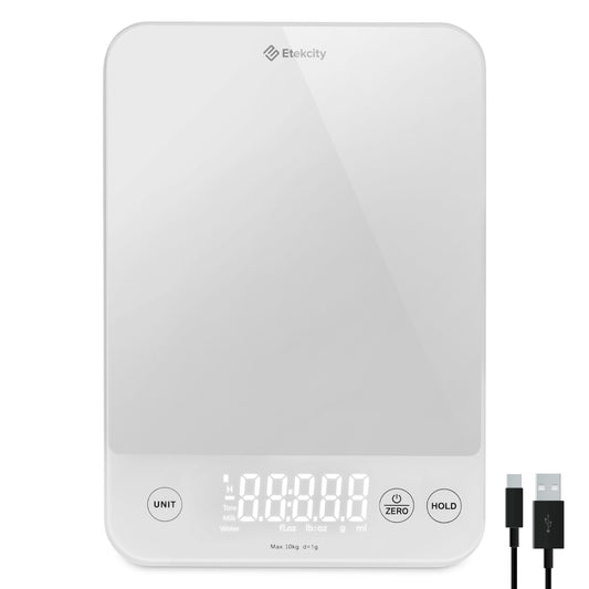 ETEKCITY kitchen scales, precision scales 0.1g accurate, 10kg digital kitchen scales with large LED display, waterproof kitchen scales, kitchen scale for measuring liquids, tare function - 10KG-1g - white glass - EKS-L422