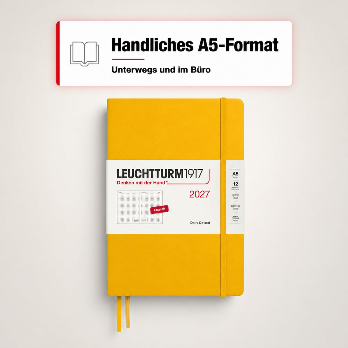 LEUCHTTURM1917 Calendar zilnic 2027 cu punct mediu (A5) - engleză, floarea soarelui, 145 x 210 mm, ianuarie-decembrie (12 luni), 1 pagină pe zi, grilă orară 7:00-22:00, copertă cartonată, hârtie de 80 g/m² - 400335