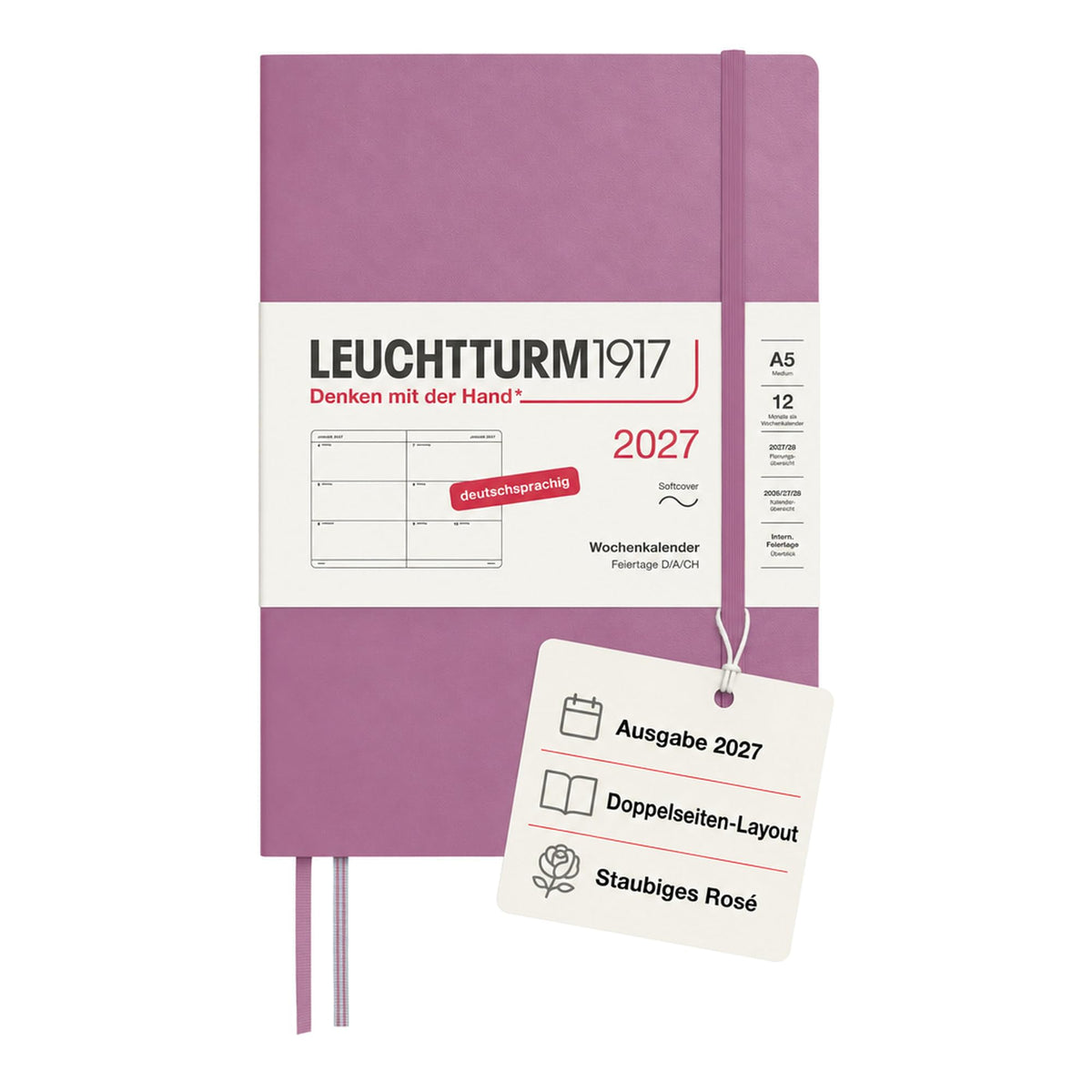 LEUCHTTURM1917 Calendar săptămânal 2027 Mediu (A5) - German, Dusty Rose, Softcover, 145 x 210 mm, 12 luni - ianuarie-decembrie 2027, 1 săptămână pe pagină dublă, hârtie de 80 g/m² cu compatibilitate ridicată cu cerneală - 400127