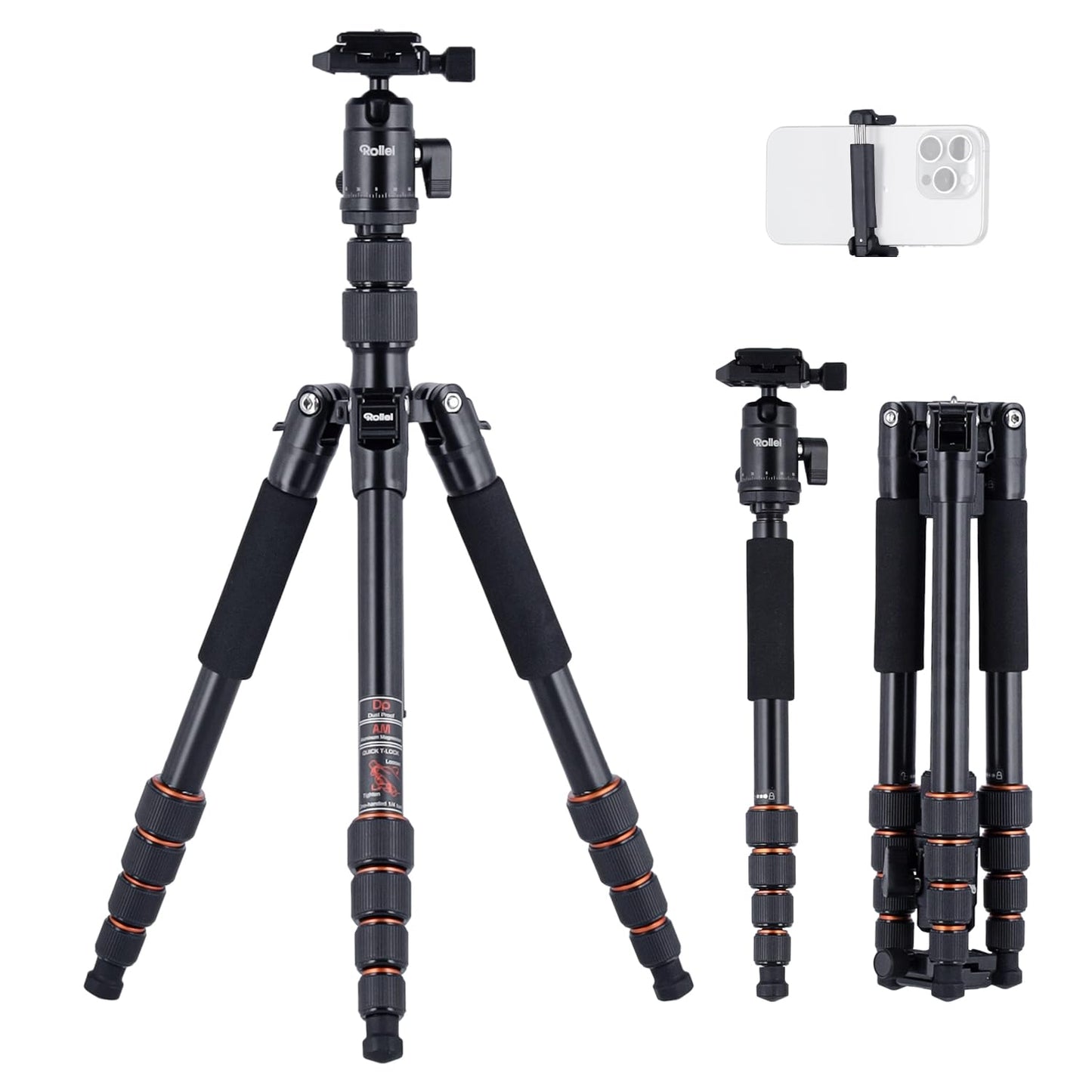 Rollei Compact Traveler No.1 Black, 145cm Tripod Camera Compact Lightweight Travel Tripod Made of Aluminum Photo Tripod with Ball Head Arca Swiss Compatible Camera Tripod & Monopod for DSLR and Smartphone - 22585