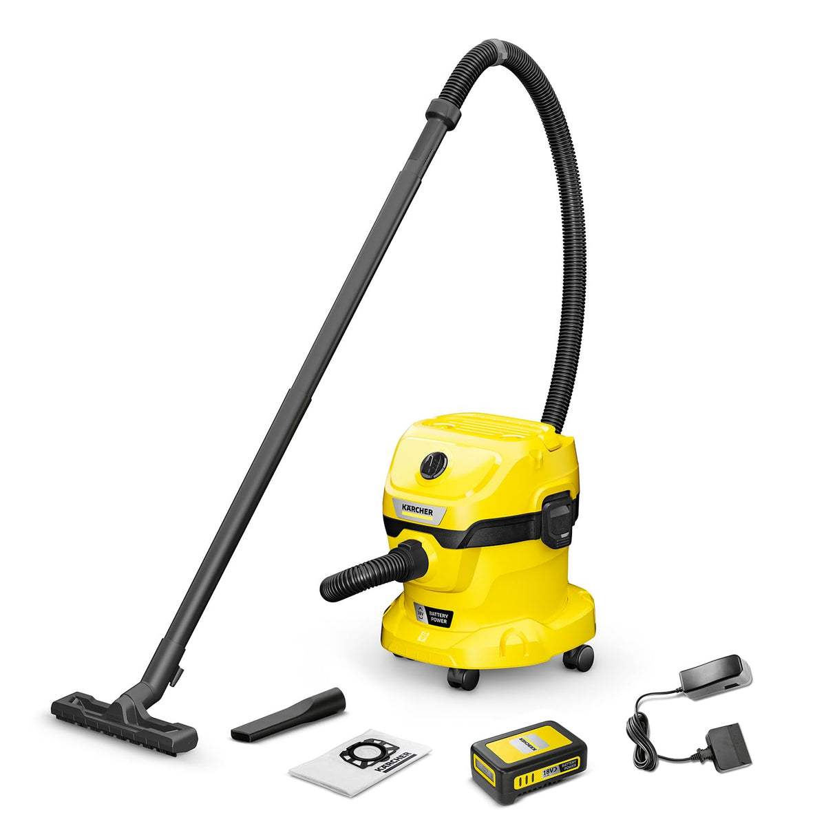 KÄRCHER Battery Wet/Dry Vacuum Cleaner WD 2-18 Battery Set, including filter, crevice and wet/dry nozzle, 225 Watts, plastic container: 12 l, suction hose: 1.8 m, with battery and charger, Yellow - 1.628-501.0