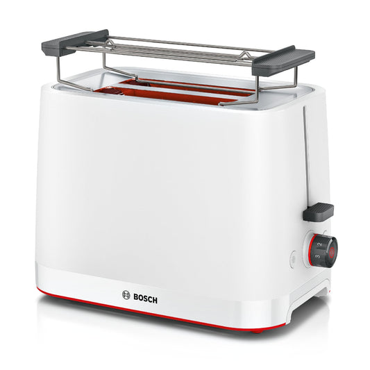 Bosch Compact Toaster MyMoment TAT3M121, removable foldable bun warmer, with defrost function, automatic shut-off, lift function, bread centering, ideal for 2 slices, 800 Watts, Matte White