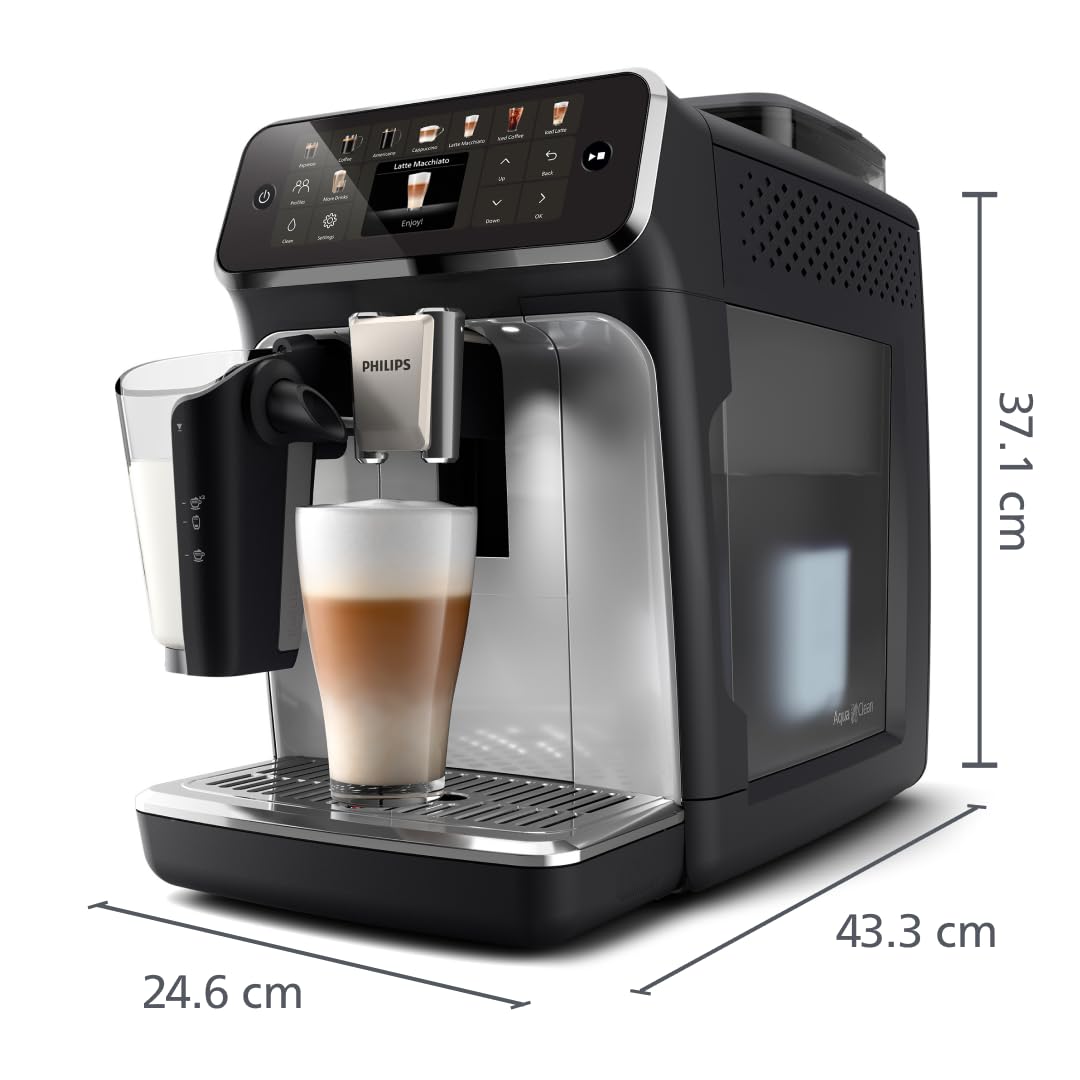 PHILIPS Series 5500 fully automatic coffee machine - LatteGo milk system, 20 hot and cold coffee specialties, 40% quieter with SilentBrew, QuickStart, black and silver (EP5546/70)