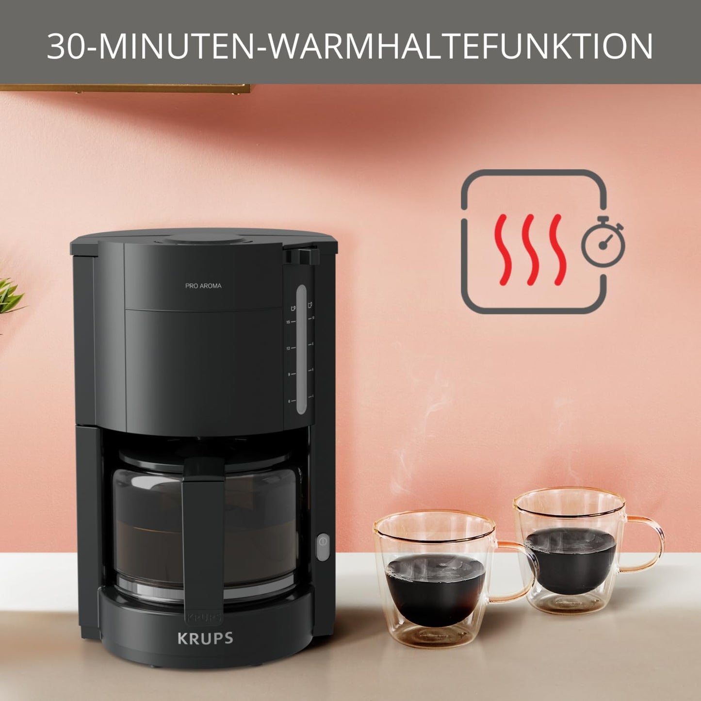 Krups F30908 ProAroma filter coffee machine with glass jug, 1.25L capacity, 10-15 cups, 1050W, black