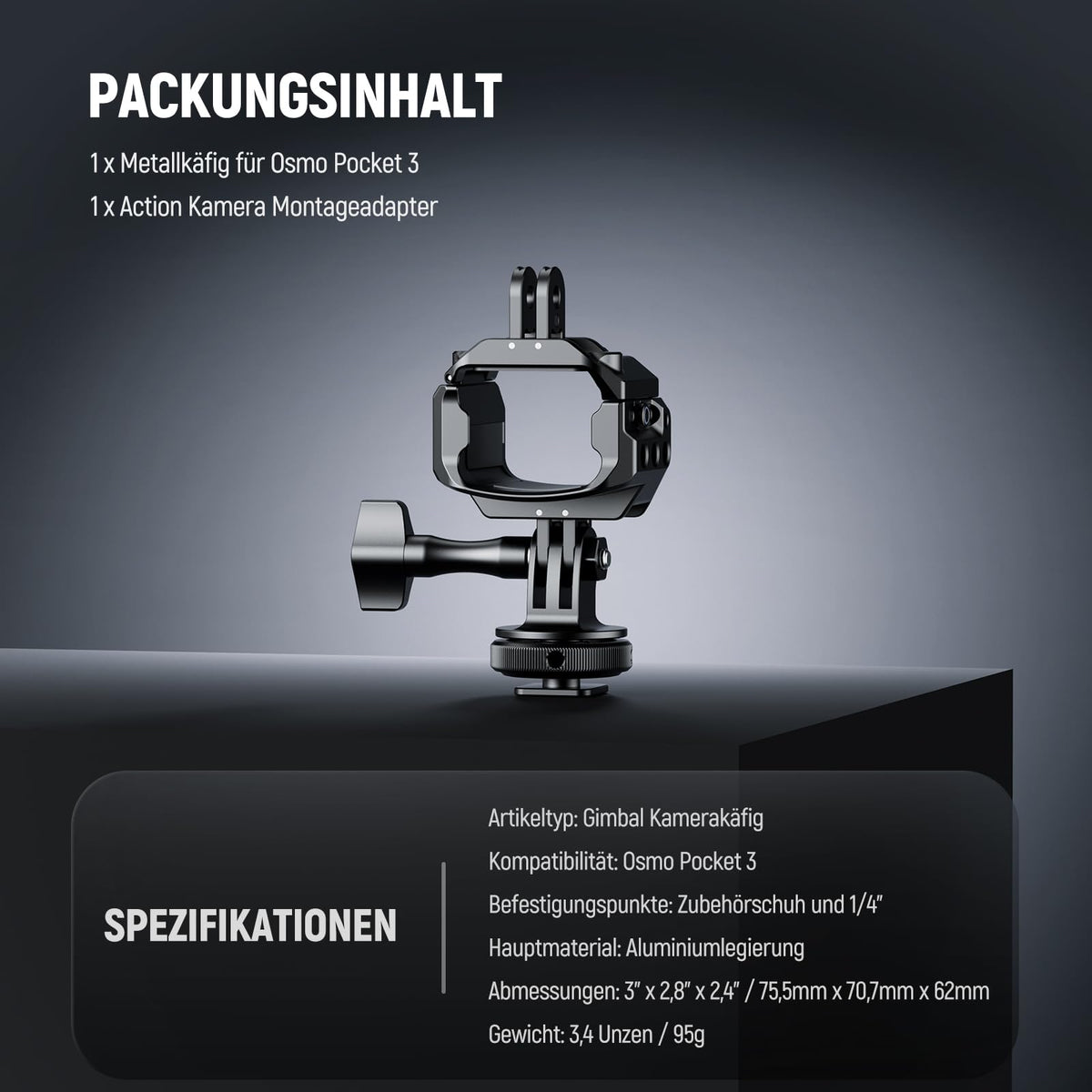 NEEWER Pocket 3 Cage Gimbal Video Recording Device made of aluminum alloy with action camera extension adapter, 1/4" thread, cold shoe, compatible with DJI Osmo Pocket 3 Creator Combo AC009.