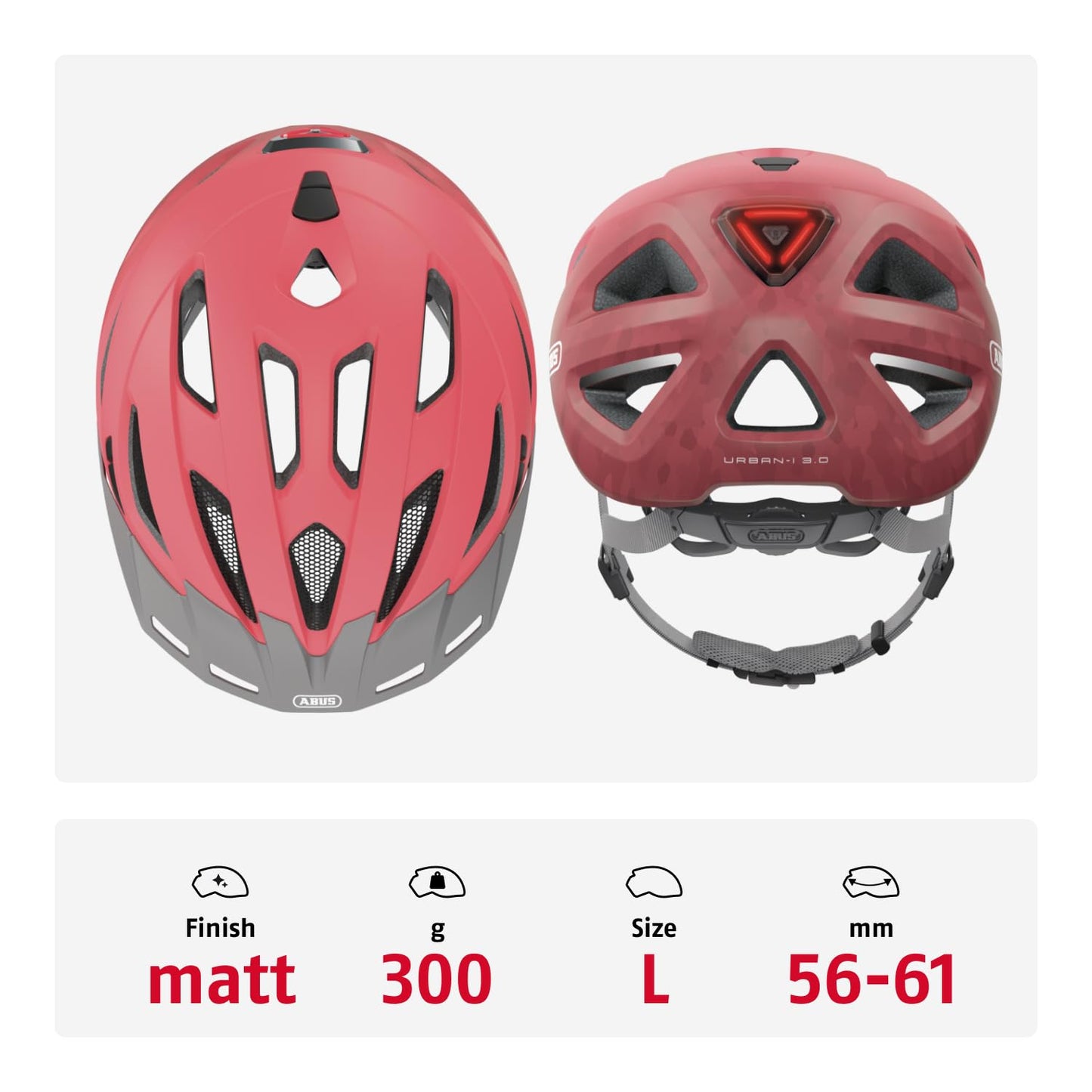 ABUS City Helmet Urban-I 3.0 - Bicycle Helmet with Rear Light, Peak and Magnetic Closure - for Men and Women - Coral, Size L (56-61 cm) - 88639