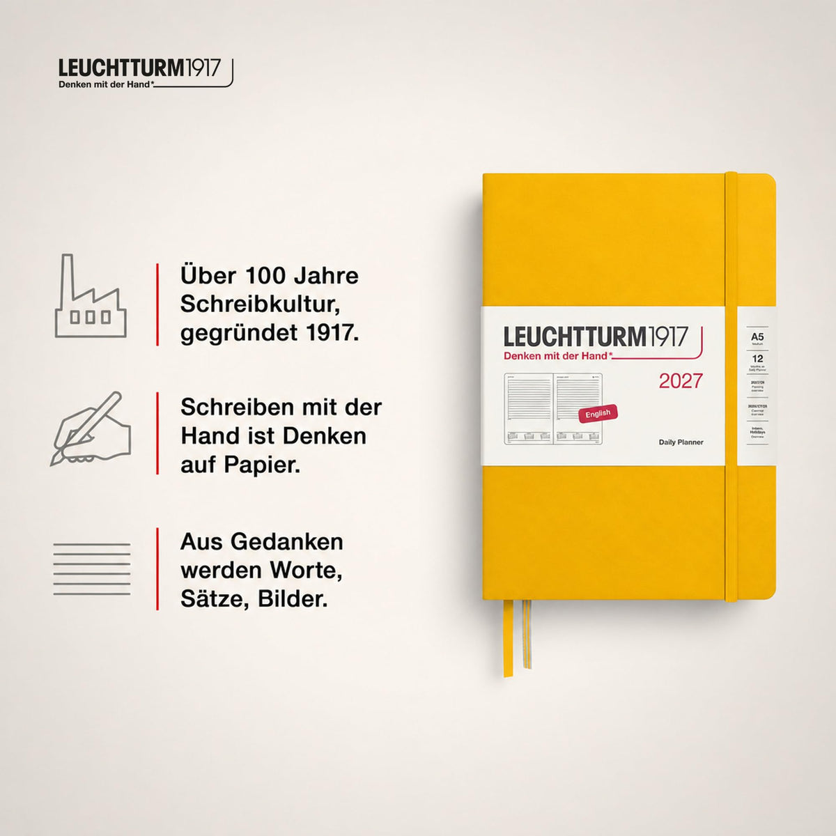 LEUCHTTURM1917 Daily Calendar 2027 Medium (A5) - English, Sunflower, 145 x 210 mm, January-December (12 months), 1 page per day, hourly grid 7:00-22:00, hardcover, 80 g/m² paper - 400327