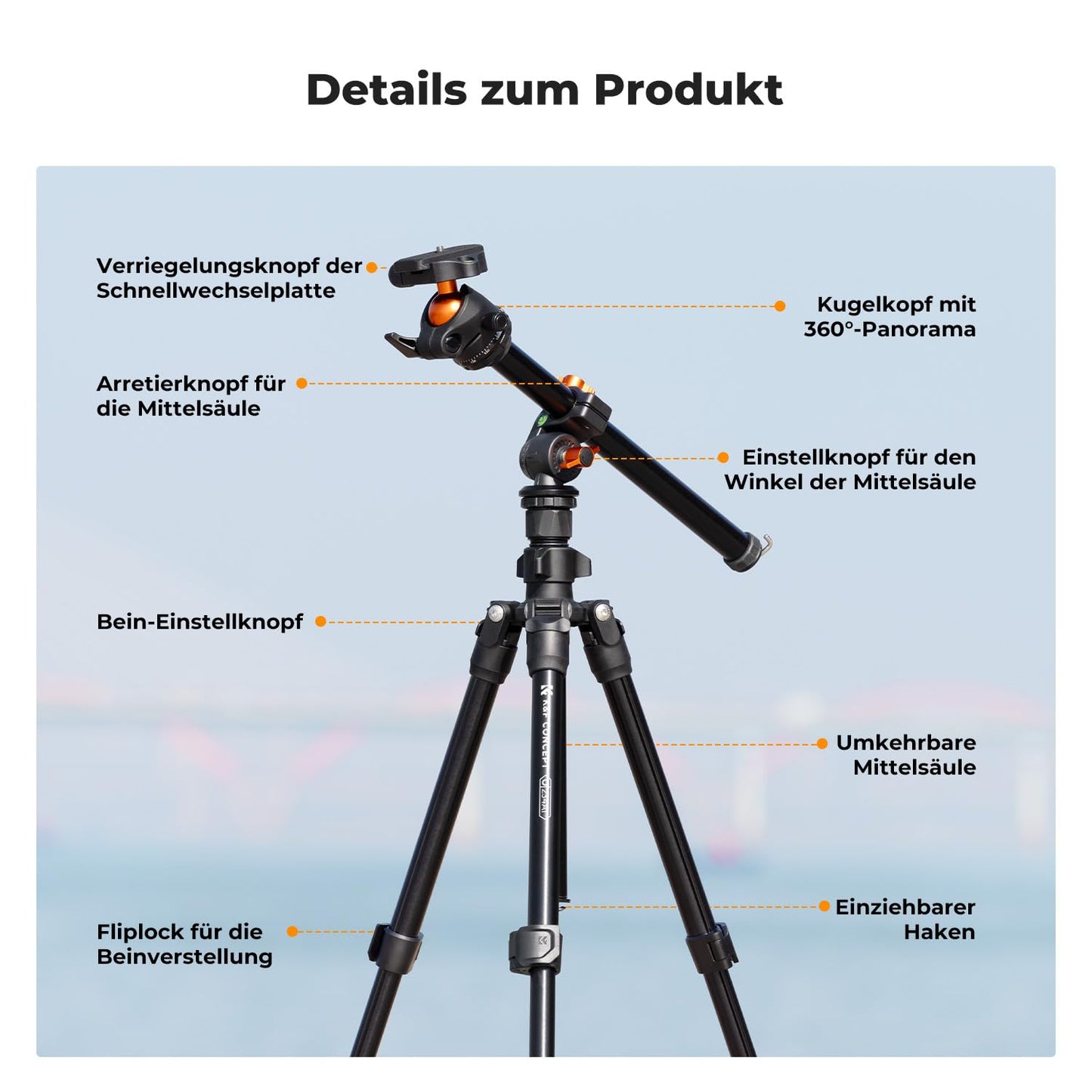 K&F CONCEPT O234A1 camera tripod with extension arm, 195cm mobile phone tripod, tripod for on the go, tripod for smartphone with mobile phone holder, aluminum travel tripod with BH-36 ball head - K234A0+BH-28L+Auslegearm