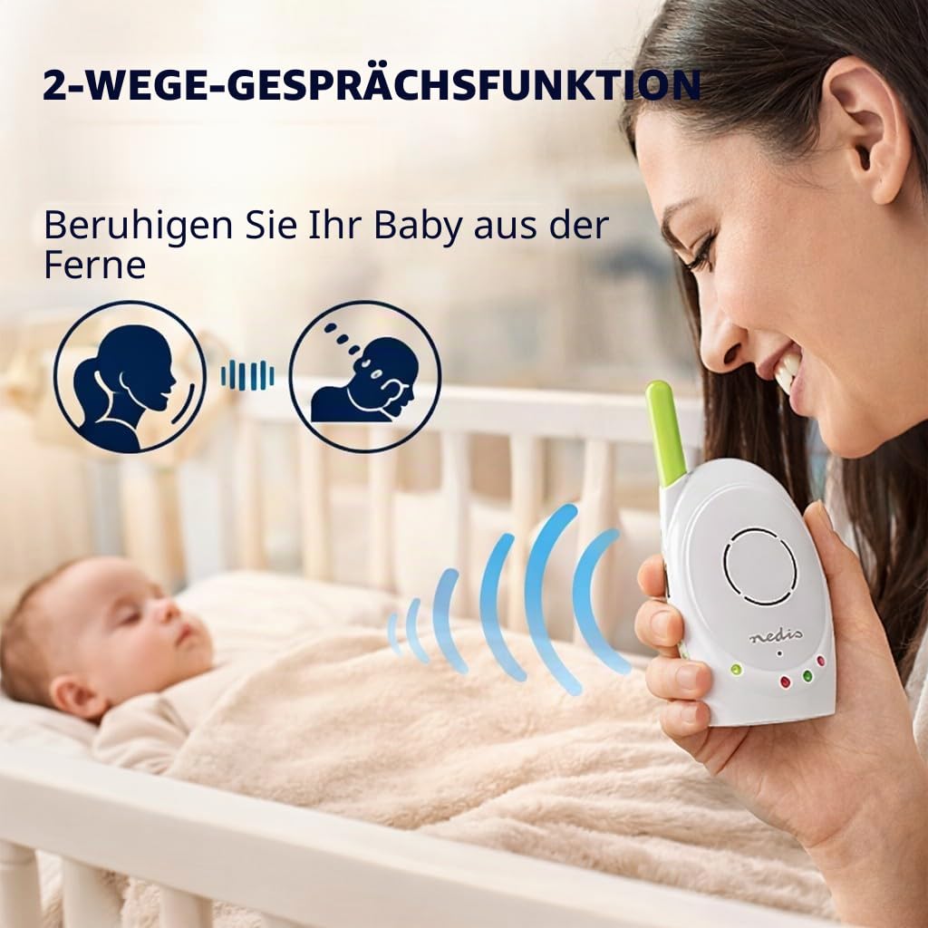 Nedis Audio-Baby-Monitor – Babyfoane fără fir cu funcție de intercomunicare și rază de 300 m – Set de 2 – Verde/Alb - BAMO110AUWT