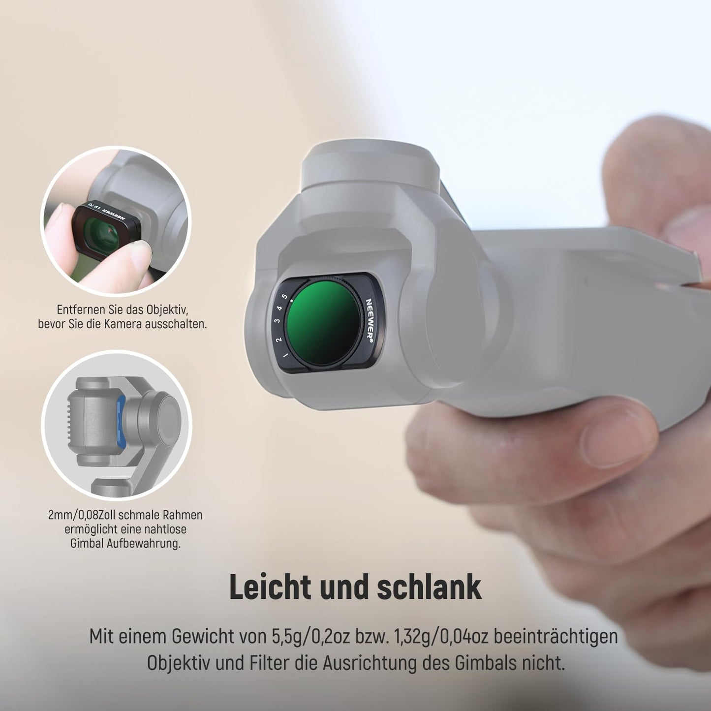 NEEWER Magnetic ND filter set, compatible with DJI Osmo Pocket 3 / Pocket 4 / Xtra Muse, variable ND2-32, black, diffusion filter 1/4, CPL 0.72x, wide angle lens + screen protector - FL-C16