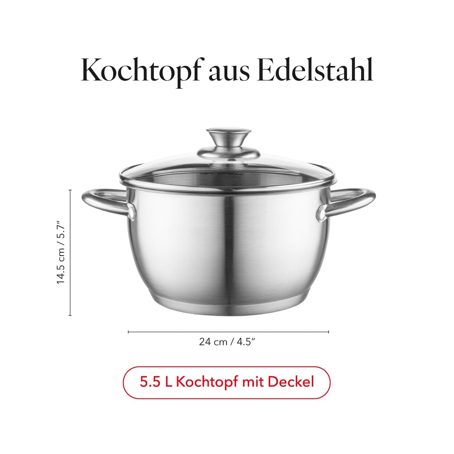 Florina Henry 24 cm 5.5 L stainless steel pot with glass lid | For induction, gas, electric, ceramic | Measuring scale inside | Dishwasher safe | Heat-resistant lid | Durable & robust - 5G8945