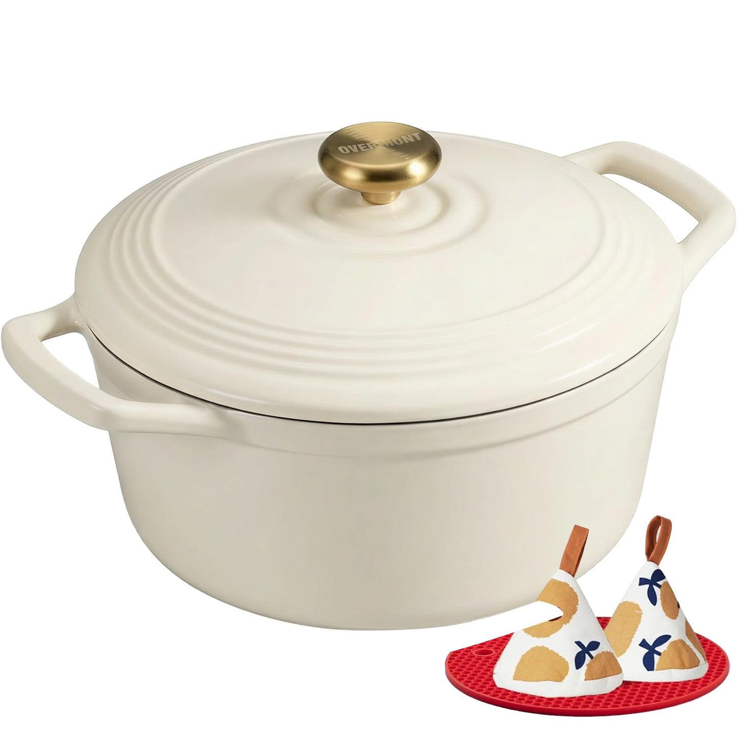 Overmont roasting pan enamel cast iron pot - casserole dish 26cm oven-safe - with lid and cookbook - for kitchen baking stewing roasting white - Dutch