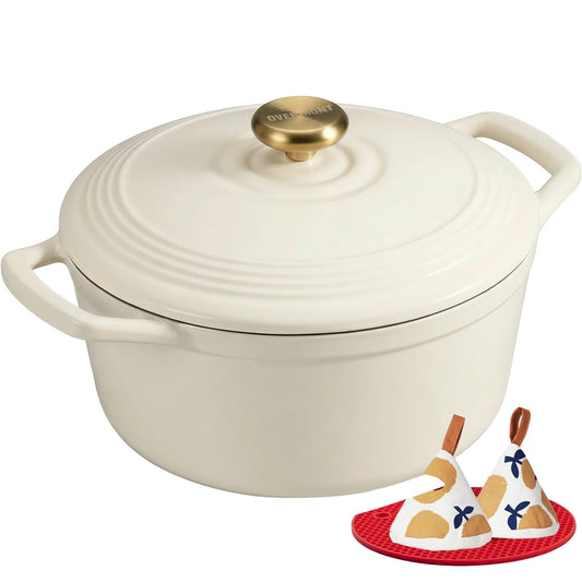 Overmont oală de friptură din fontă emailată - vas de caserolă 26cm, sigură pentru cuptor - cu capac și carte de bucate - pentru gătit la cuptor, tocănițe, fripturi, alb - Dutch