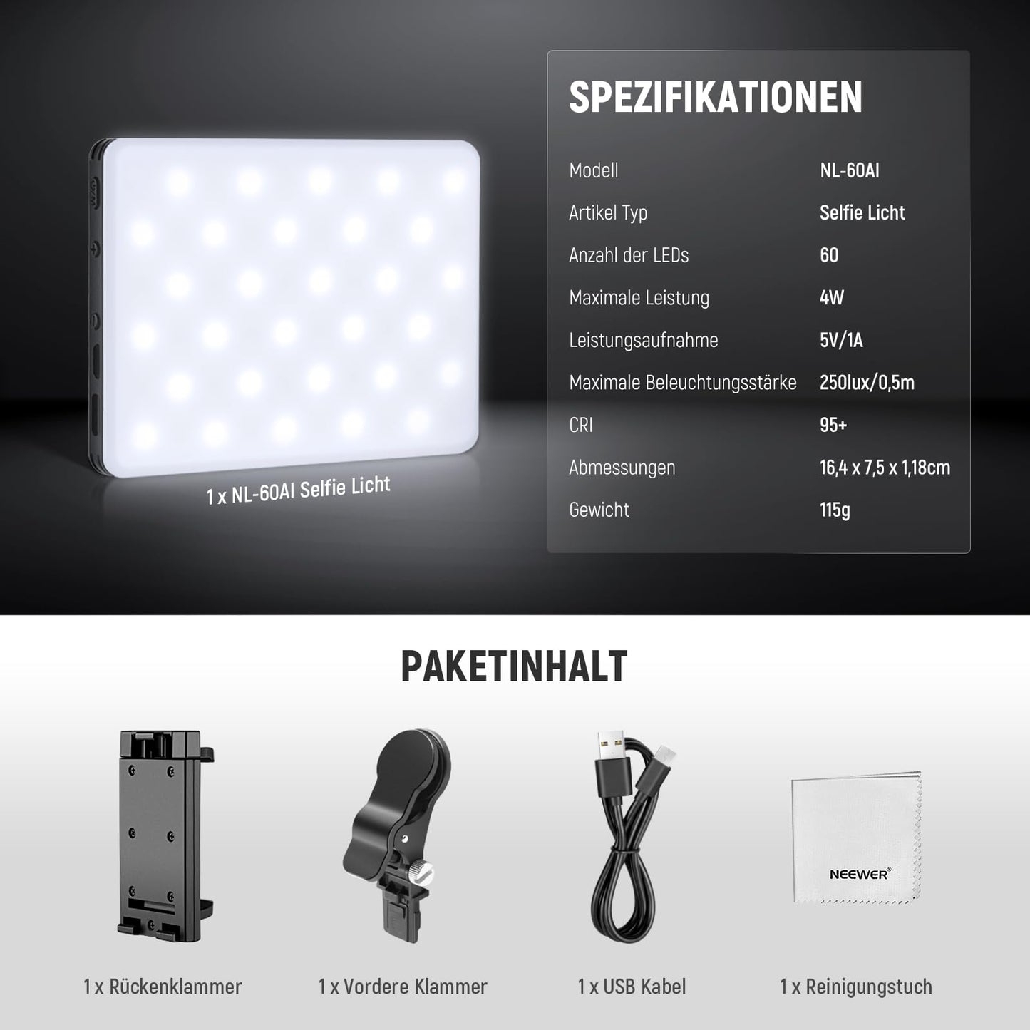 NEEWER Basics Clip on LED Selfie Light Compatible with iPhone, 2000mAh Rechargeable, Phone Clip Holder & Cleaning Cloth, Webcam Laptop Zoom Conference Makeup Fill Video Light, NL-60AI
