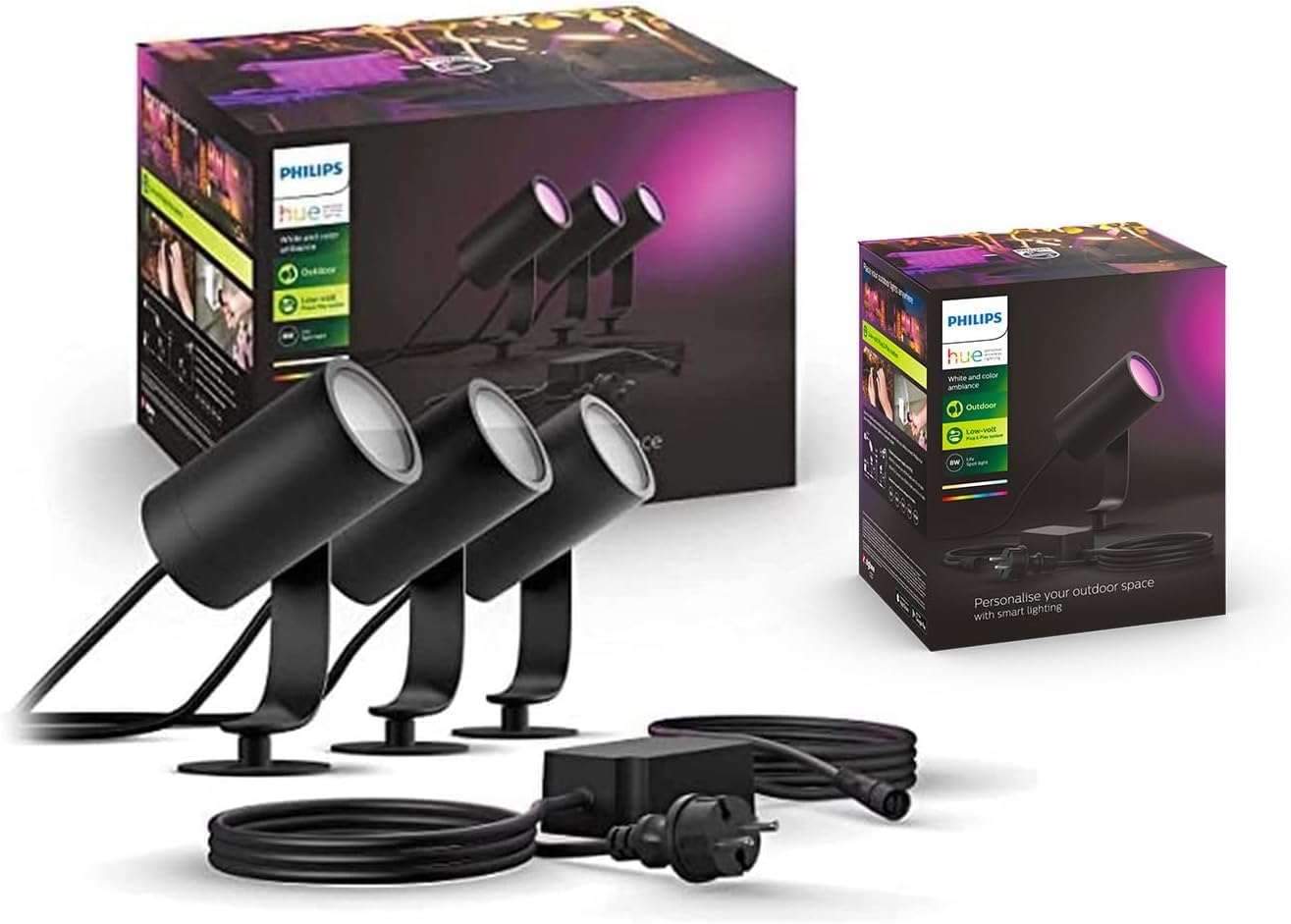 Philips Hue White & Color Ambiance Lily garden spot standard set with 40W power supply (590 lm), dimmable outdoor light with 16 million colors, smart light control via voice or app, black, pack of 4 - 8721103090812