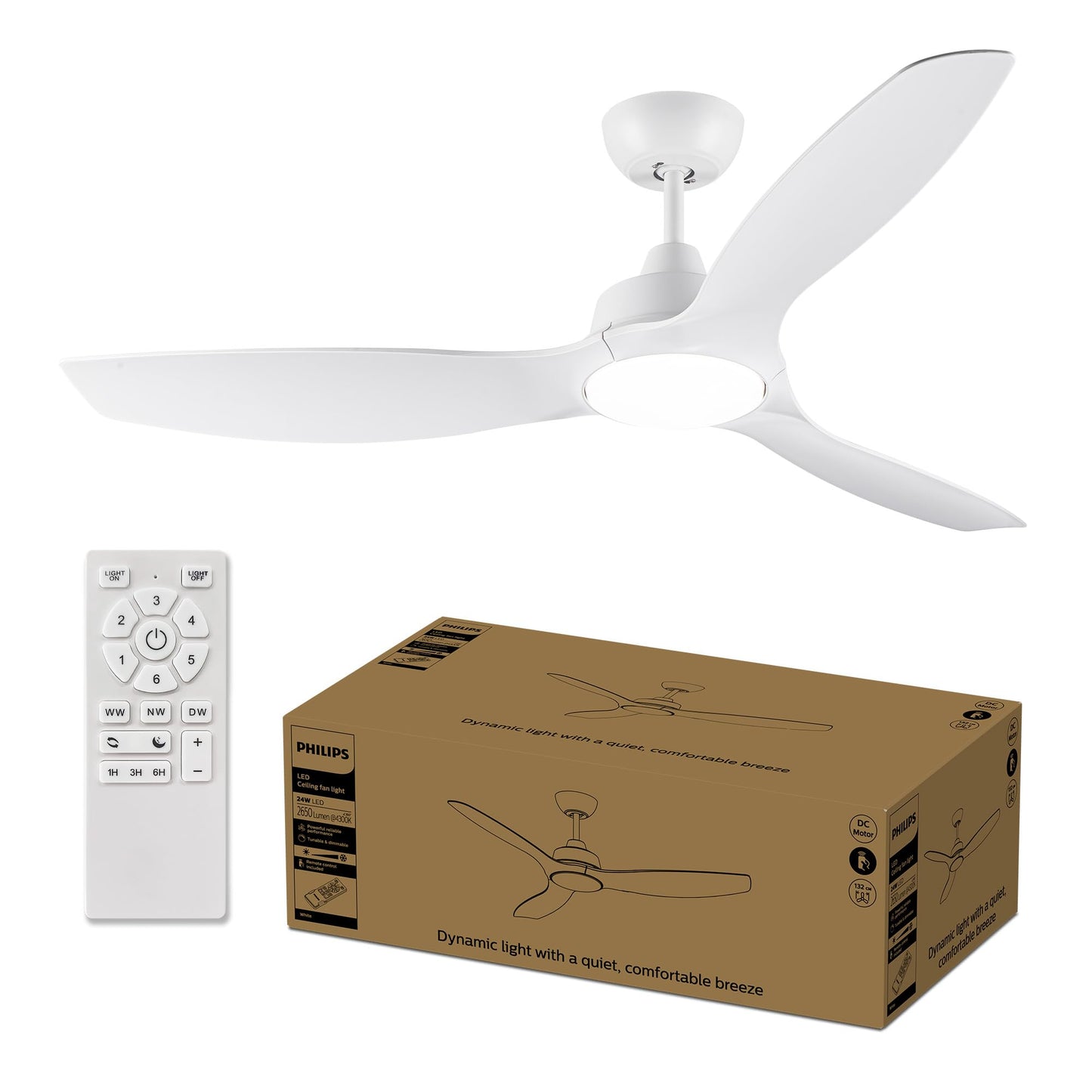 PHILIPS Fixed Blade Ceiling Fan, 3 Blades, Large (52"), 28W LED Light, DC Motor, Color Temperature Range (3000K, 4300K, 6500K) with Dimming Function, Remote Control Included - 929004689111