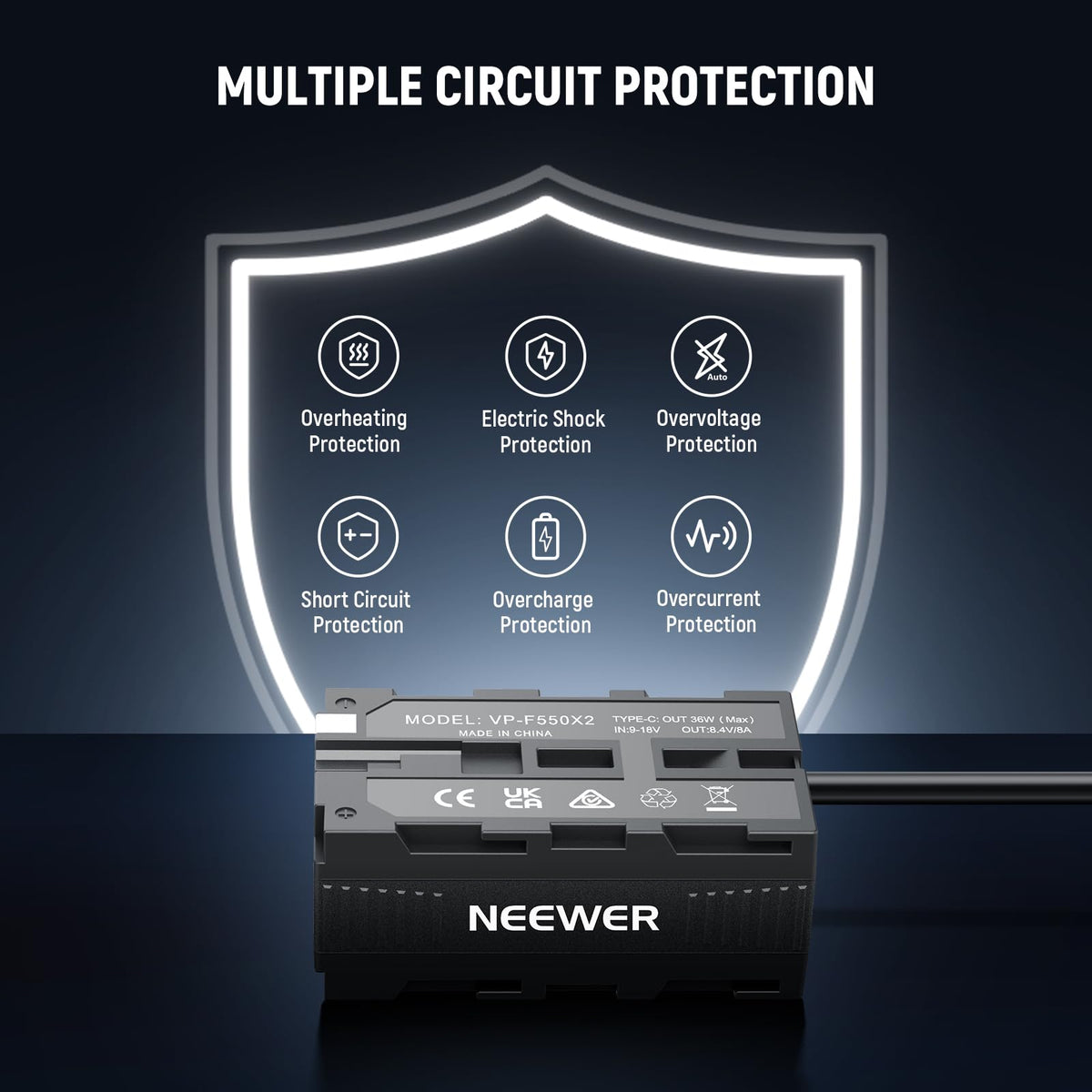 NEEWER Adaptor de baterie dummy dublu față cu display, încărcător splitter D Tap pe USB C, compatibil cu monitorul Atomos Ninja Shinobi, transmisor video DJI SDR, Sony NP-F970/750/550, VP-F550X2