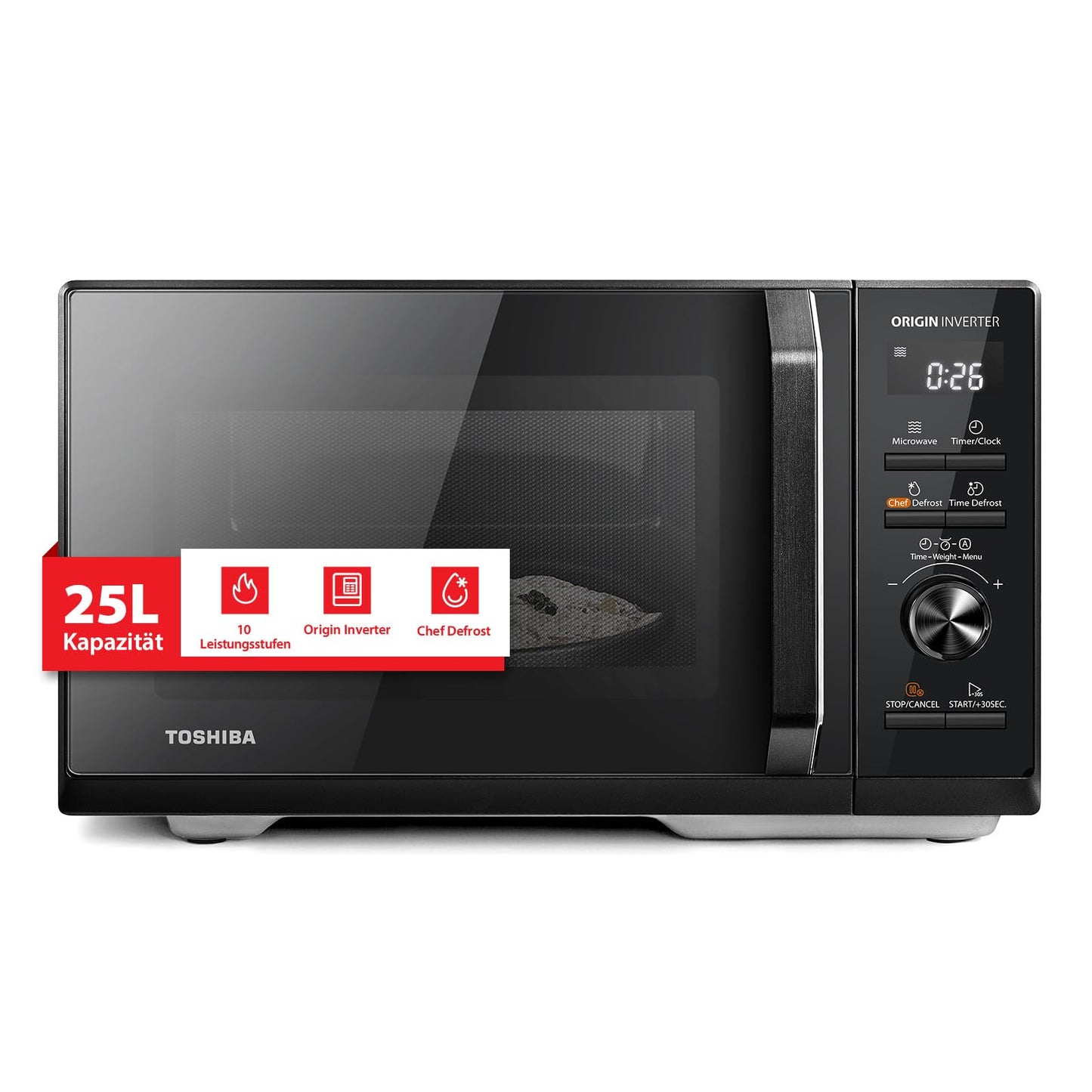 Toshiba MW3-AM25PFI(BK) Solo Microwave 25L 900W microwave oven in black. With Origin inverter, chef defrost, 10 power levels, 7 auto menus, easy clean