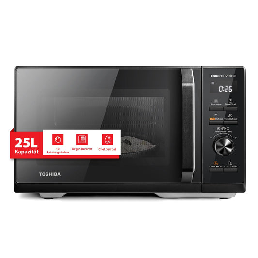 Toshiba MW3-AM25PFI(BK) Cuptor cu microunde solo 25L 900W negru. Cu inverter de origine, dezghețare Chef, 10 nivele de putere, 7 meniuri automate, curățare ușoară
