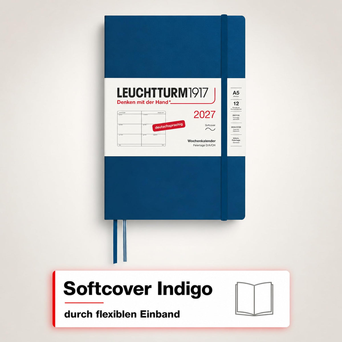 LEUCHTTURM1917 Calendar săptămânal 2027 Mediu (A5) - Germană, Indigo, Copertă moale, 145 x 210 mm, 12 luni - ianuarie-decembrie 2027, 1 săptămână pe pagină dublă, hârtie de 80 g/m² cu compatibilitate ridicată cu cerneală - 400132