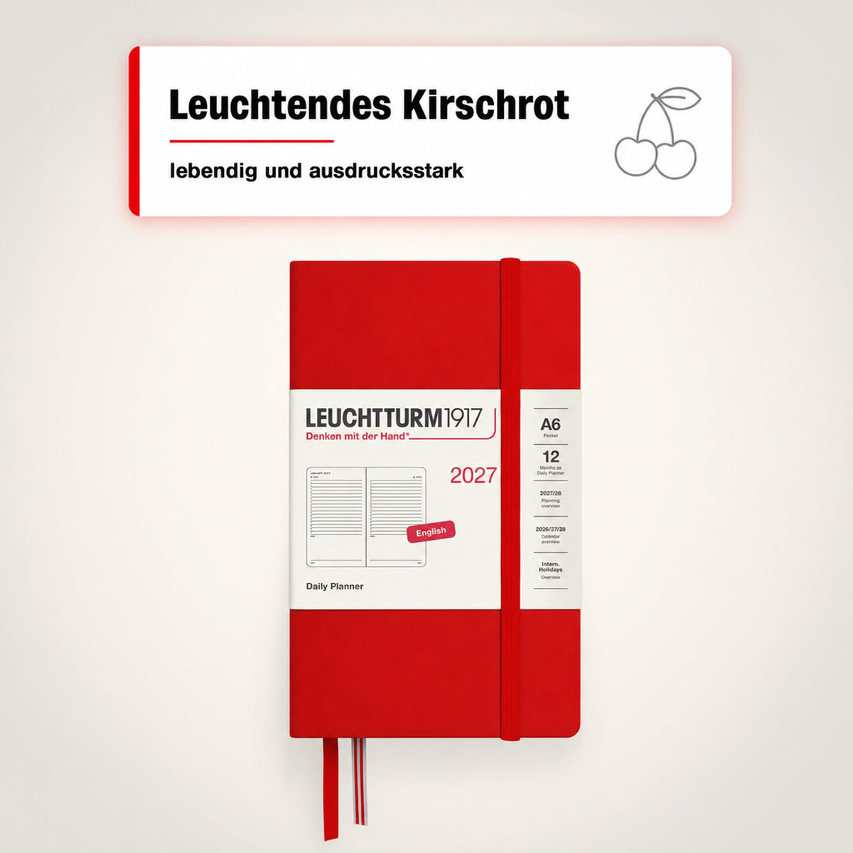 LEUCHTTURM1917 Daily Calendar 2027 Pocket (A6) - English, Cherry, 90 x 150 mm, January-December (12 months), 1 page per day, hourly grid 7:00-22:00, hardcover, 80 g/m² paper - 400332