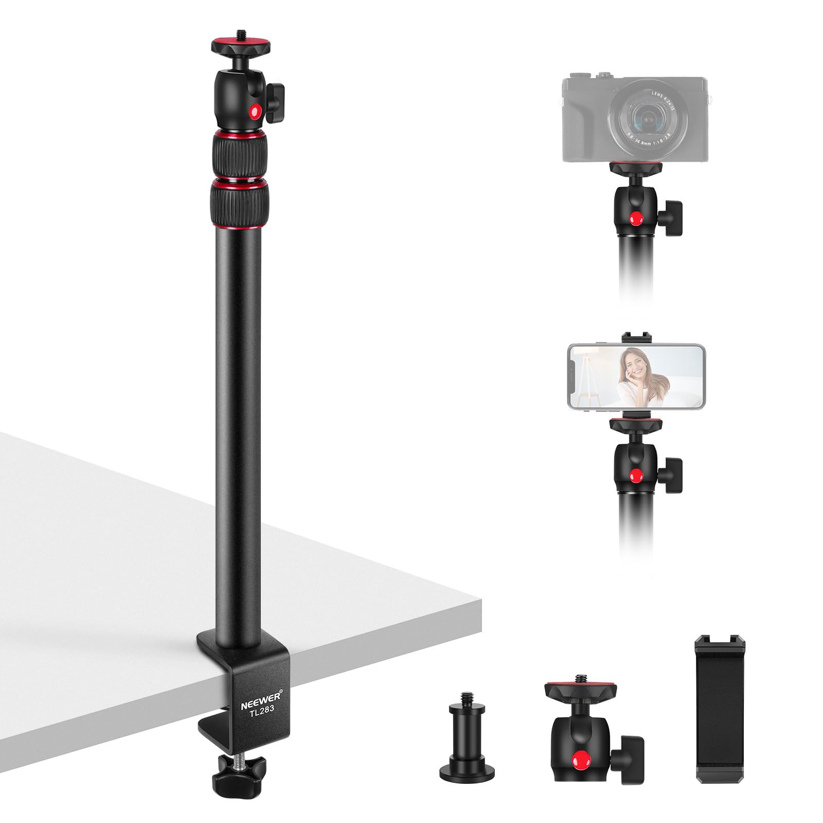 NEEWER camera table tripod light stand with phone holder and 360° ball head, 43-102cm telescope C clamp 1/4" screw, max. load 3kg, table camera holder for DSLR webcam ring light, TL283 - 10103934