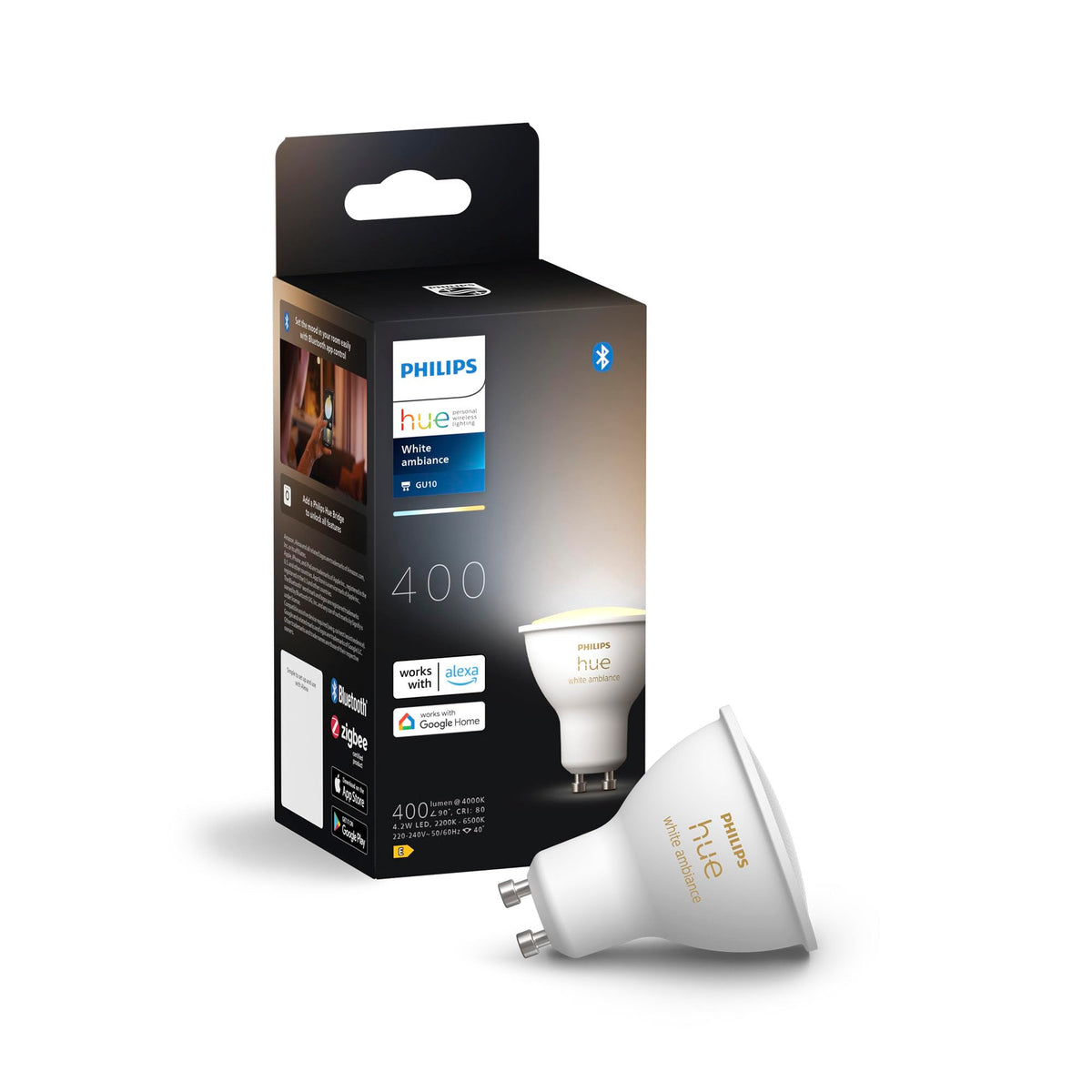 Philips Hue White Ambiance GU10 LED Spot 1er Pack (400lm), lampă LED dimabilă pentru sistemul de iluminat Hue, cu lumină caldă, control inteligent al luminii prin voce și aplicație. - 8720169229976