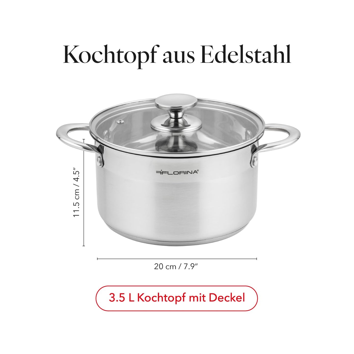 FLORINA stainless steel pot 3.5 l 20 cm diameter I Energy-saving cooking pot FALCON I Pot with glass lid and measuring scale I 3-layer base even heat distribution I Ideal for all types of stoves - 5G1043