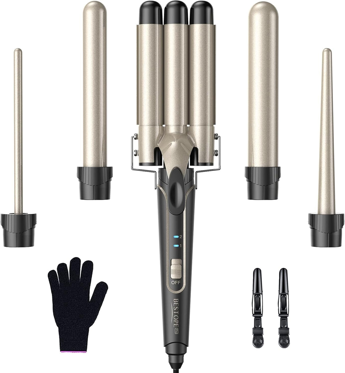 Curling iron set 5 in 1 wave iron - curling irons 3 barrels for large no curls ceramic hair curlers with various attachments temperature adjustment quick heating with glove and 2 clips - MD-J18