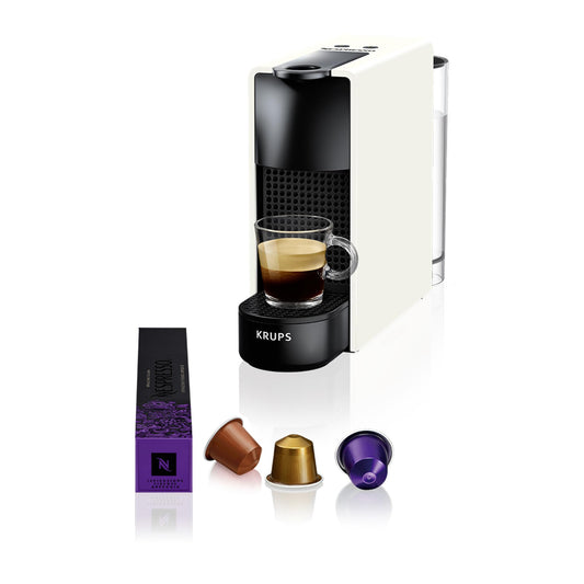 Nespresso Krups Essenza Mini coffee capsule machine - for espresso and lungo, 19 bar for full aroma, ultra-compact design in white, ideal for small kitchens, energy saving with auto-off, model XN1101 - XN1101PR5