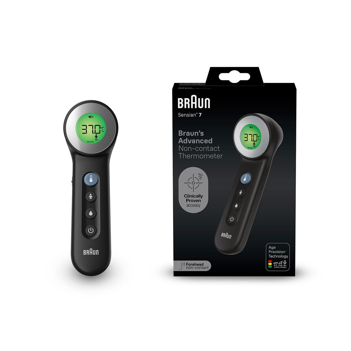 Braun Sensian 7 Termometru frontal fără contact | Tehnologie Age Precision | 3 în 1 | Ecran digital cu cod de culoare | Potrivit pentru bebeluși și copii | Marca #1 în rândul medicilor(1) | BNT400 - BNT400BWE